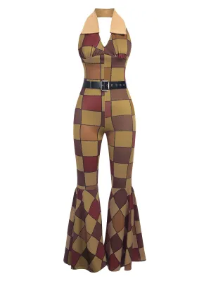 1970s Geometric Pattern Patchwork Halter Jumpsuit