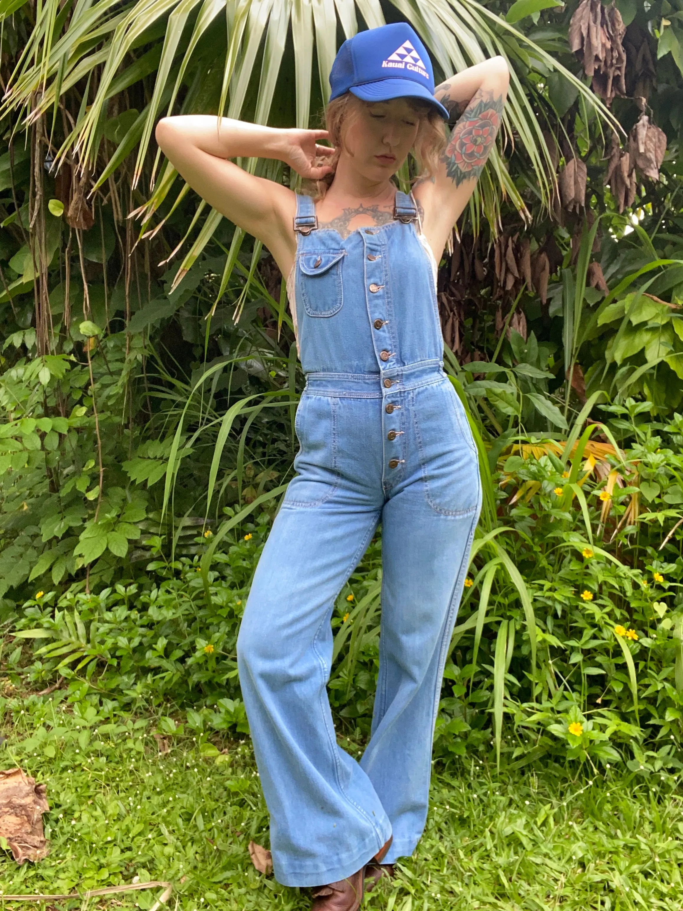 1970s Hang Ten denim overall low back jumpsuit