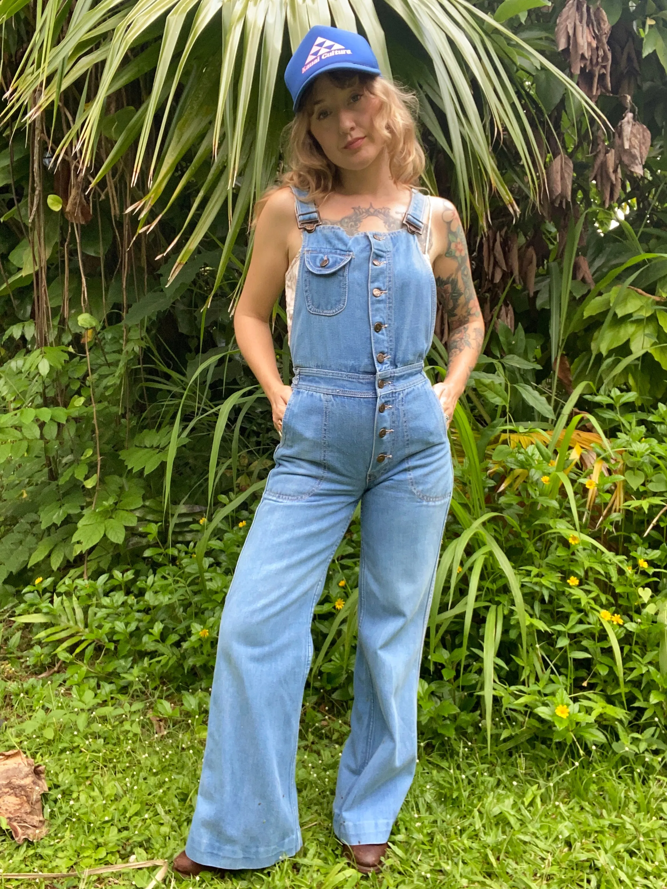 1970s Hang Ten denim overall low back jumpsuit