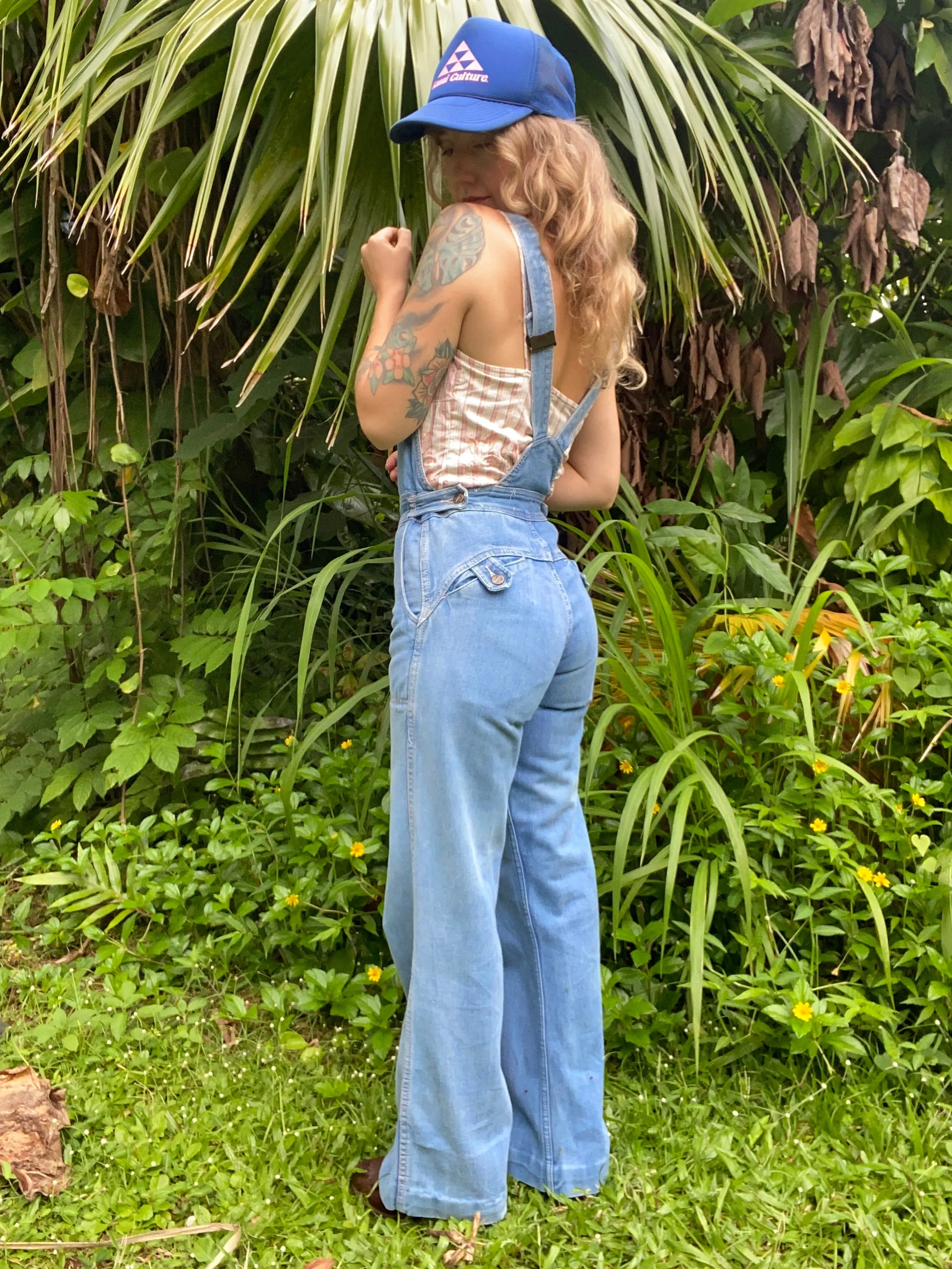 1970s Hang Ten denim overall low back jumpsuit