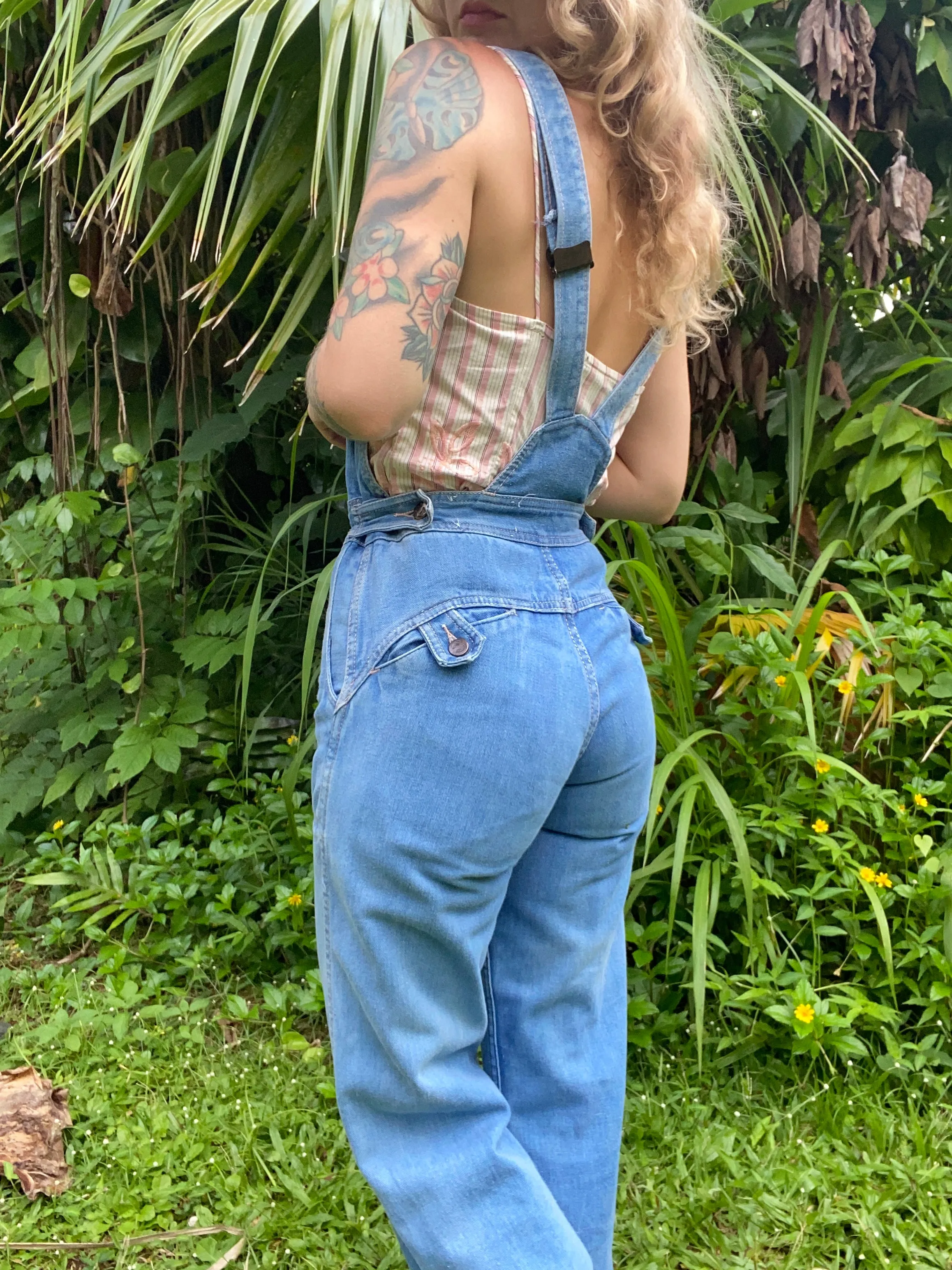 1970s Hang Ten denim overall low back jumpsuit