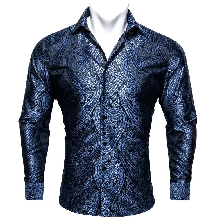 2pcs Bundles Deal Fashin Blue Paisley Silk Men's Long Sleeve Shirt