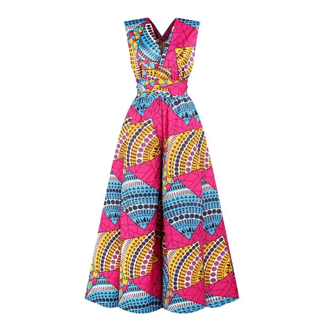 6Color Women African Clothes Print Pants Set Jumpsuits Sexy Dress News Wide Leg Trousers Rompers Back Festival Danshiki Vestidos