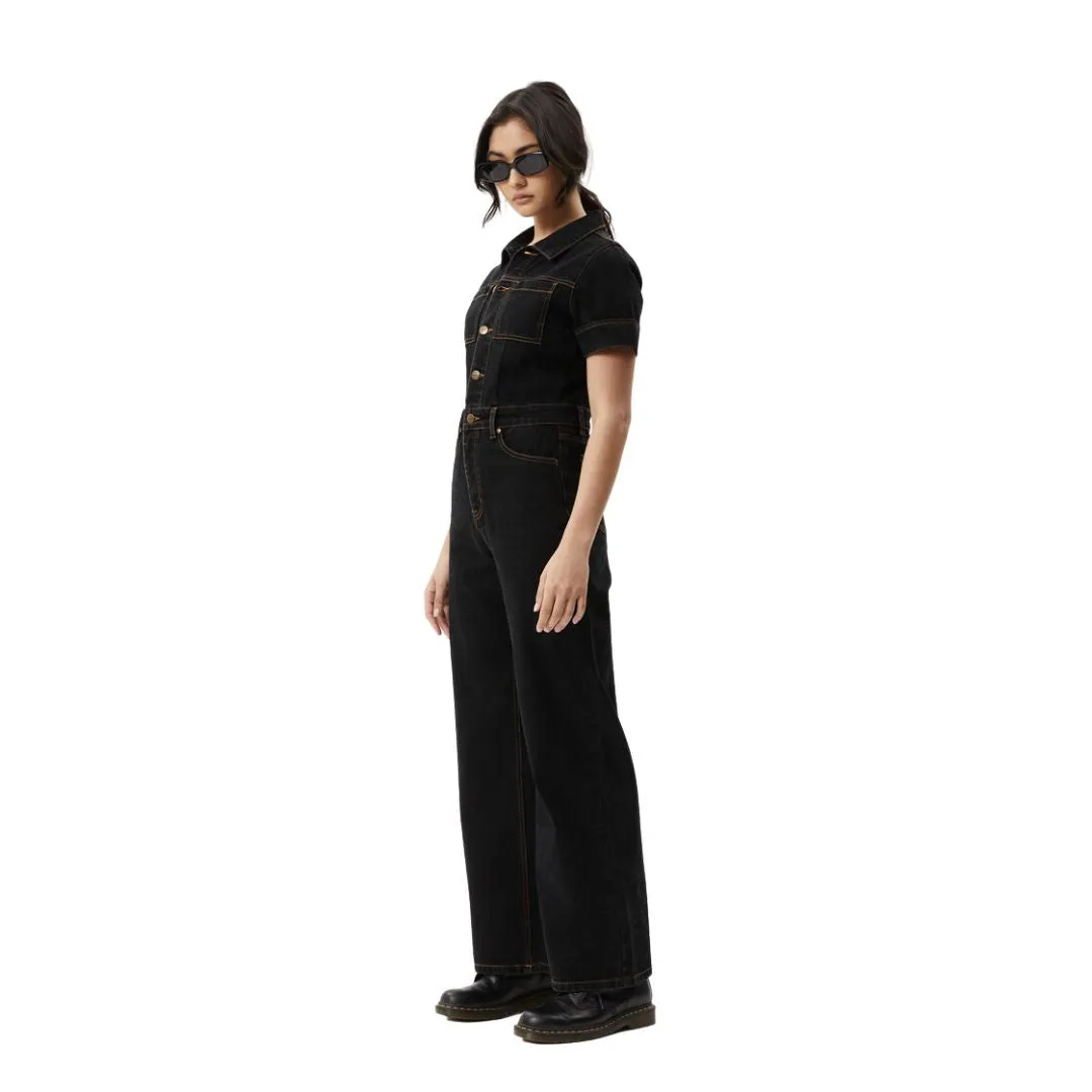 Afends Womens Estrella Organic Denim Flared Jumpsuit - Black