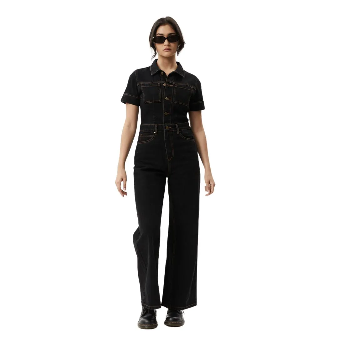 Afends Womens Estrella Organic Denim Flared Jumpsuit - Black