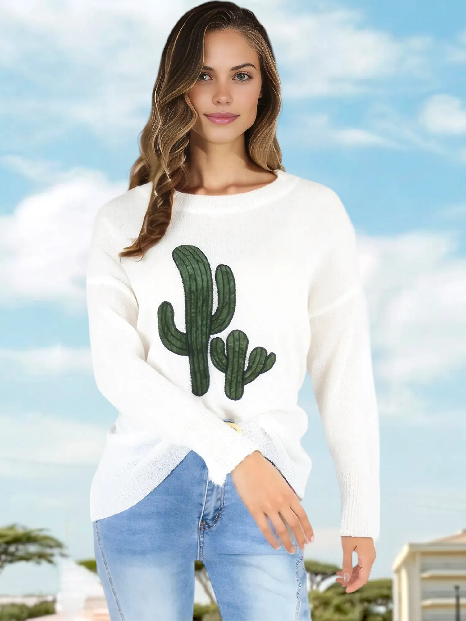 Anna-Kaci Women's Long Sleeve Knit Sweater with Cactus Embroidery and Crew Neck