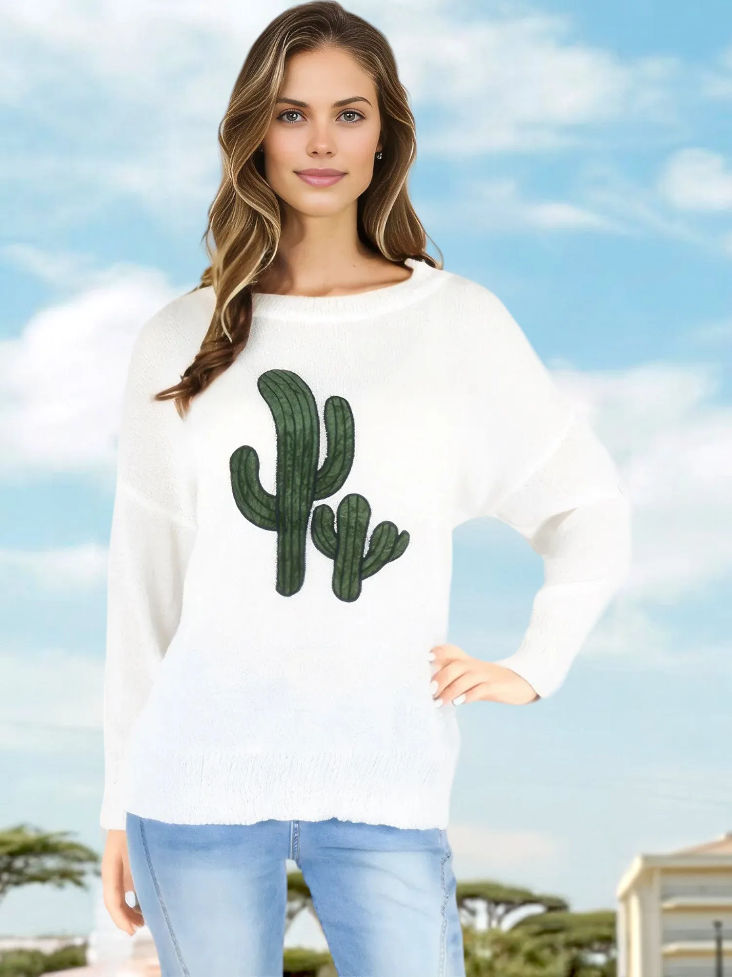 Anna-Kaci Women's Long Sleeve Knit Sweater with Cactus Embroidery and Crew Neck