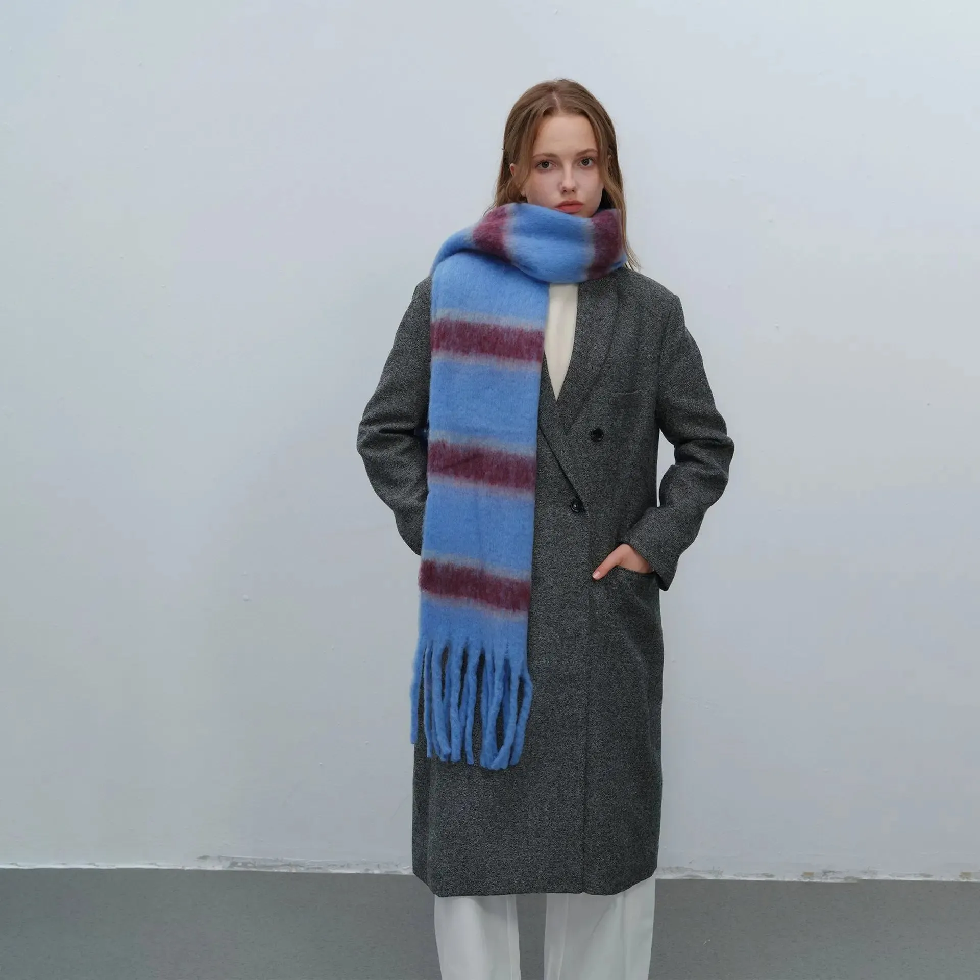 Autumn Winter New Fashion Thickened Warm Polyester Mohair Two Color Scarf