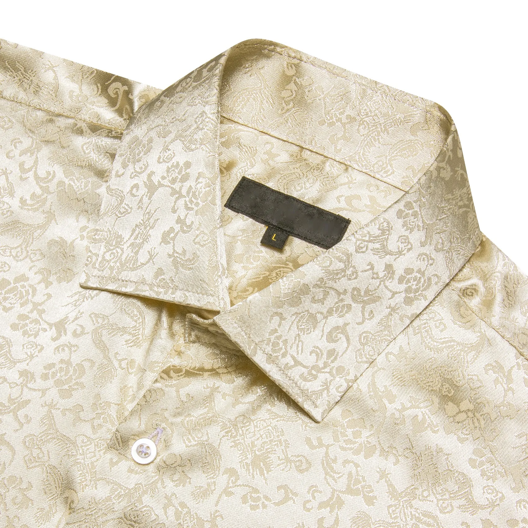 Beige Floral Silk Men's Short Sleeve Shirt