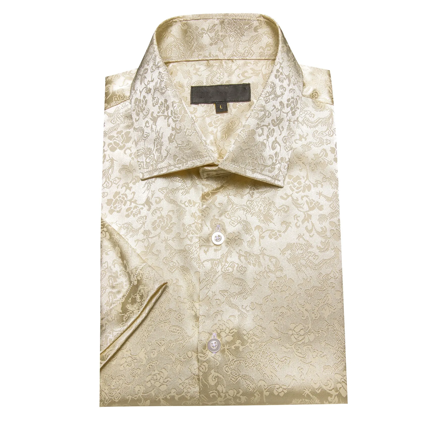 Beige Floral Silk Men's Short Sleeve Shirt