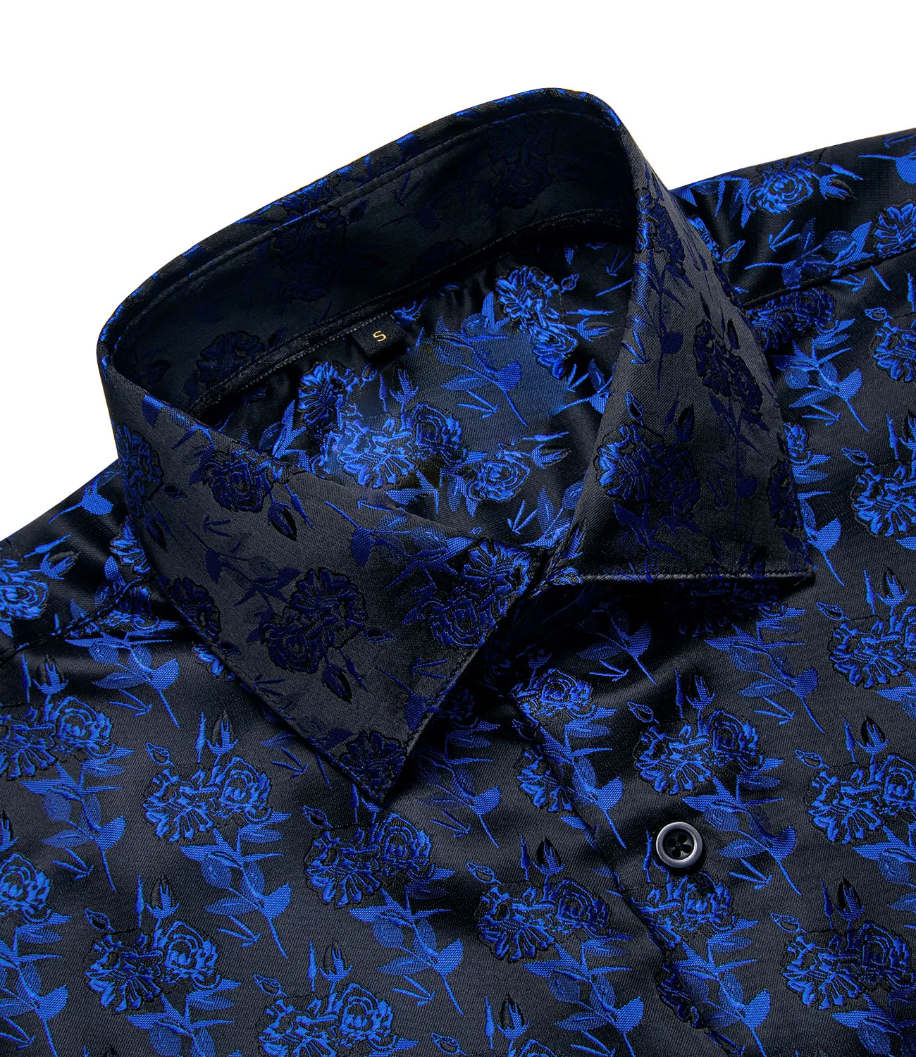 Black Blue Rose Floral Silk Men's Long Sleeve Shirt