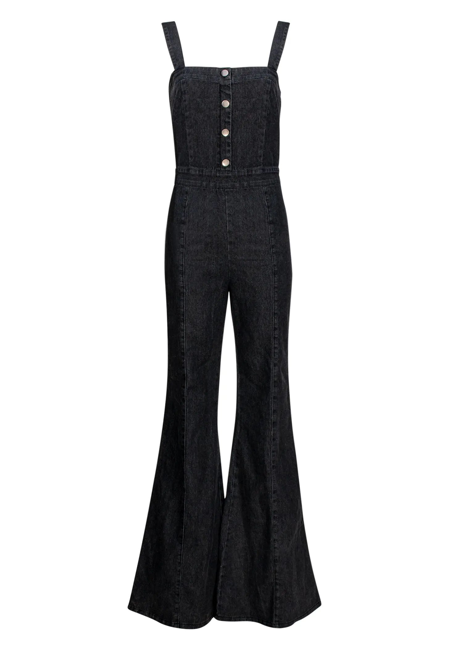 Black Denim Jumpsuit with Flare Bell Bottom Legs