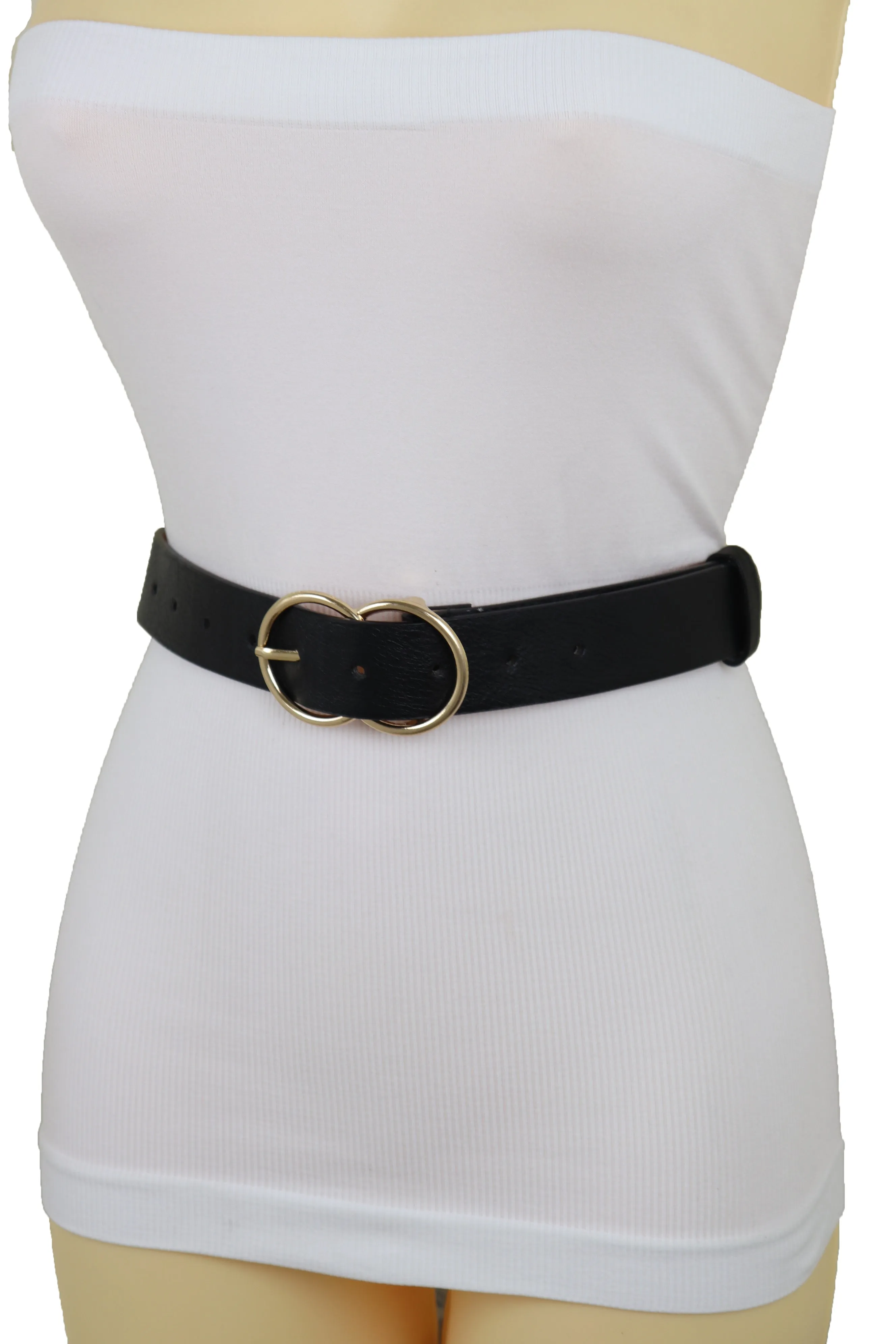 Black Faux Leather Fashion Belt Dressy Fancy Gold Buckle Plus Size L XL