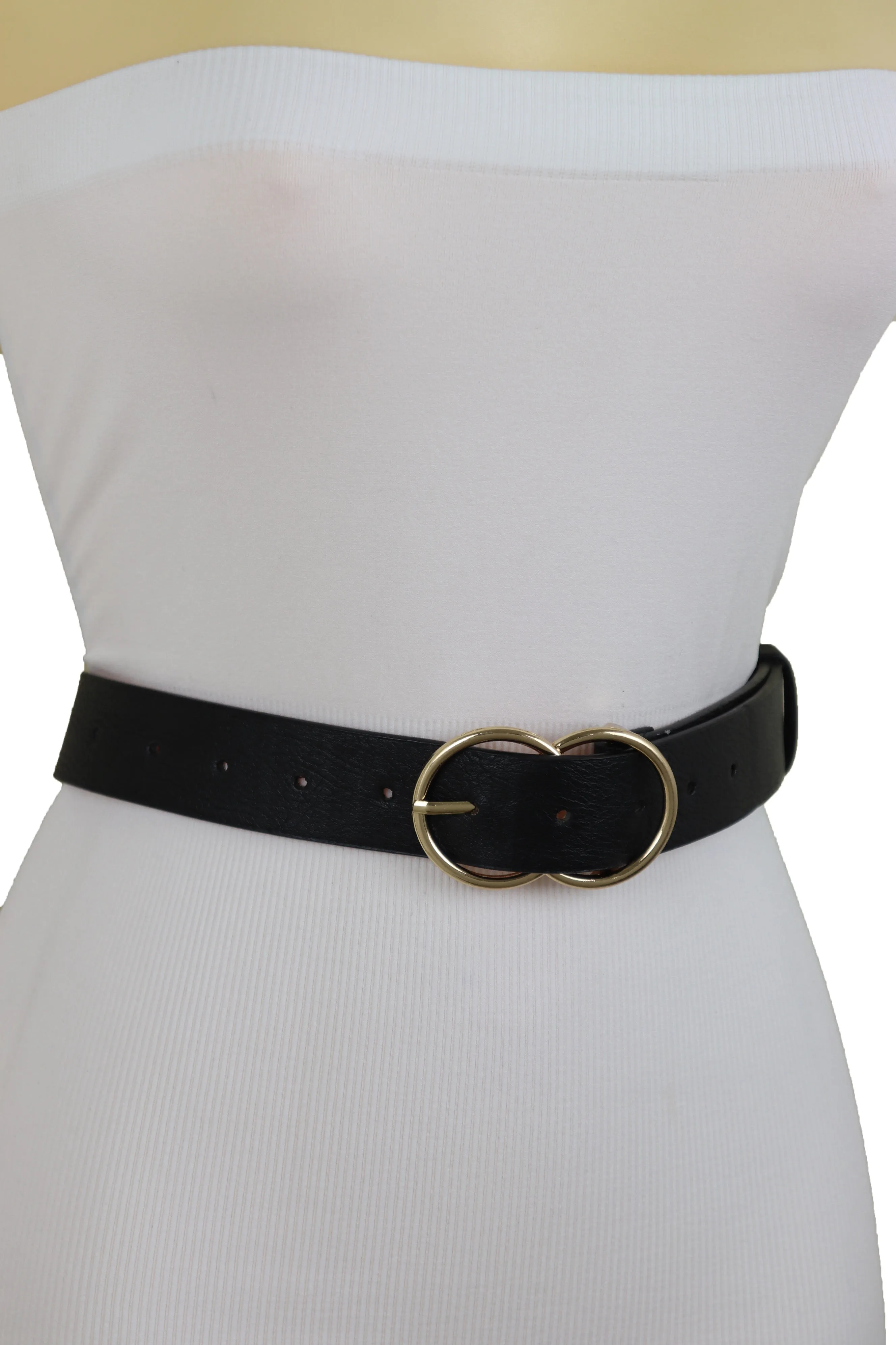 Black Faux Leather Fashion Belt Dressy Fancy Gold Buckle Plus Size L XL