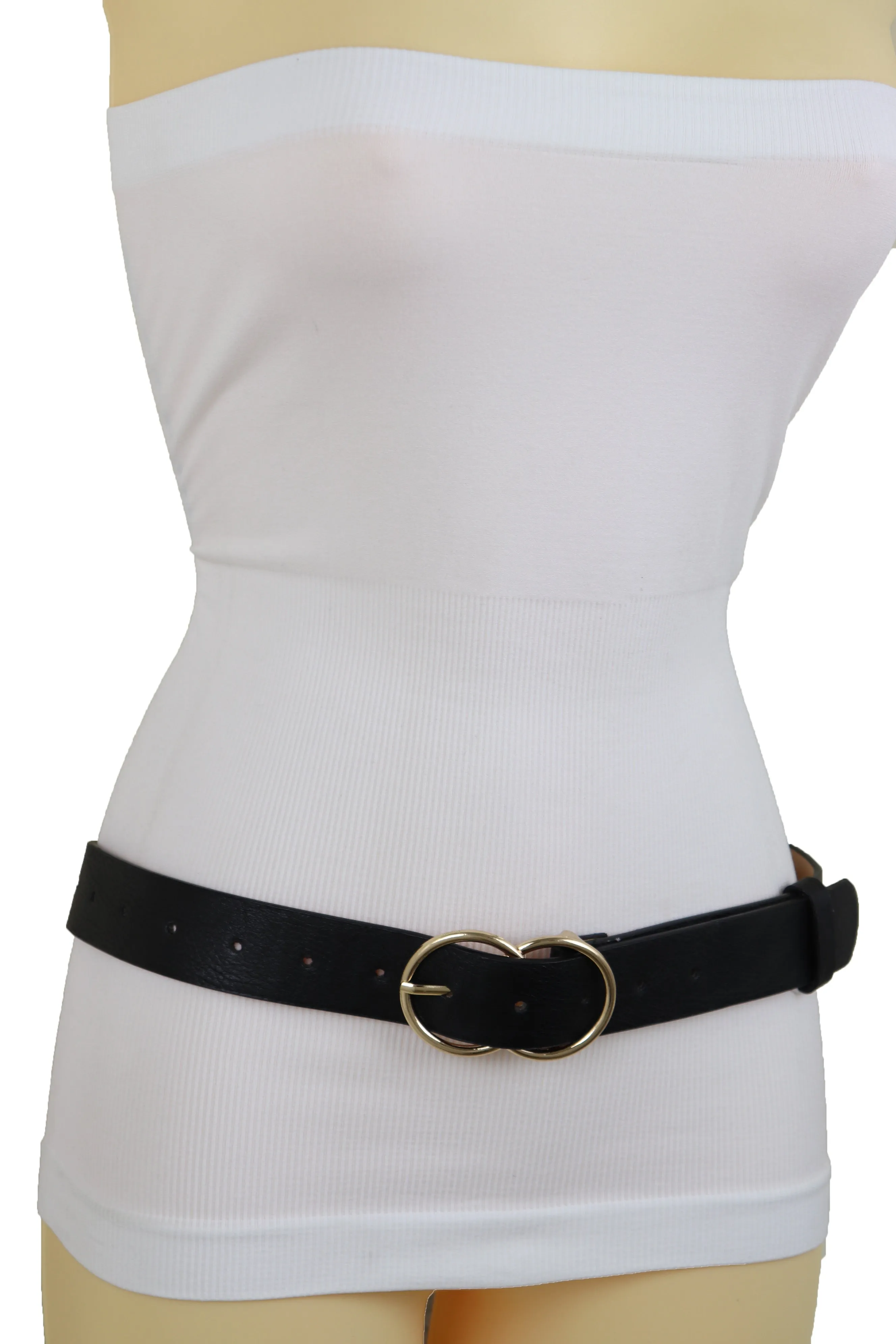 Black Faux Leather Fashion Belt Dressy Fancy Gold Buckle Plus Size L XL