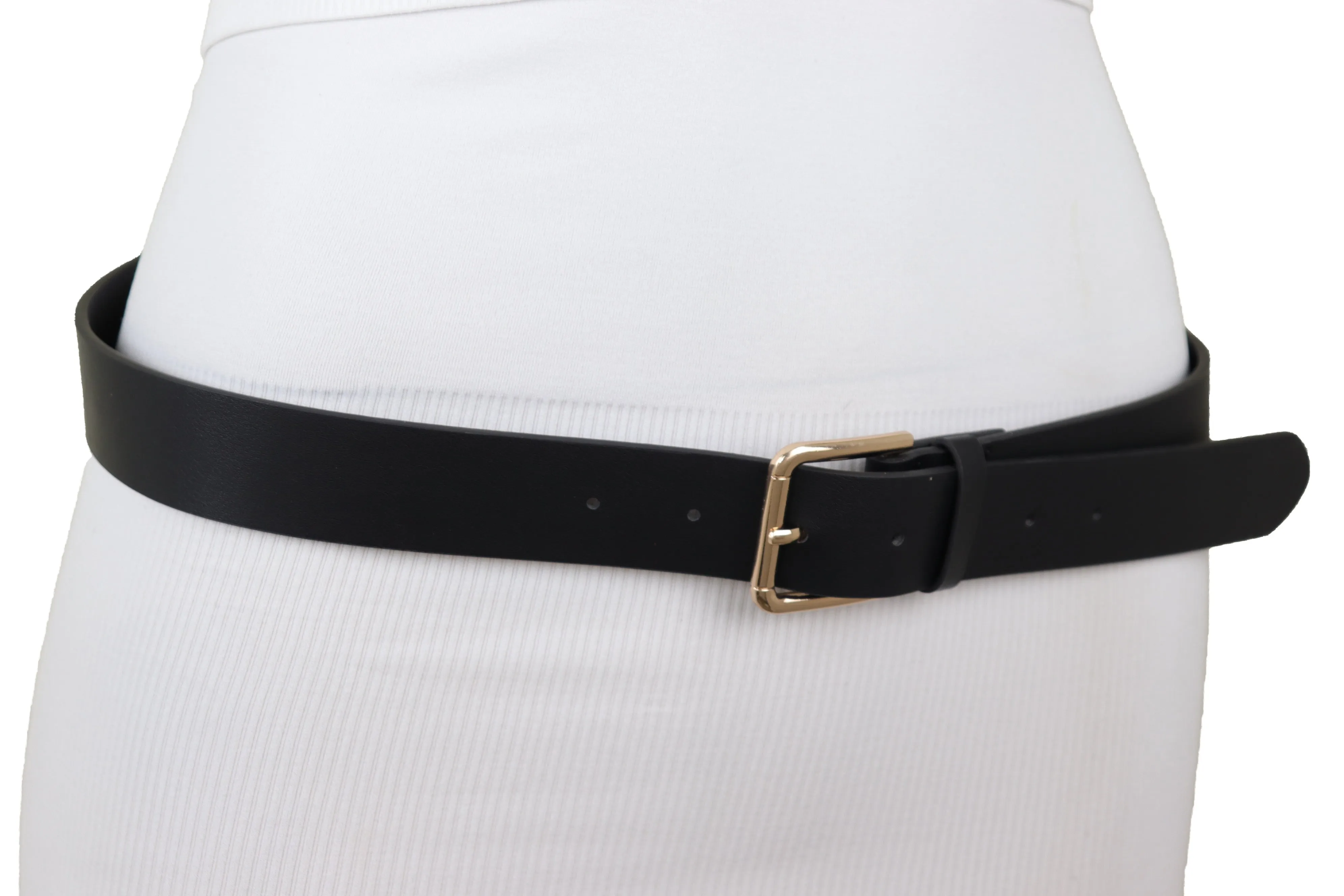 Black Faux Leather Fashion Belt Gold Metal Infinity Side Charm Buckle S M