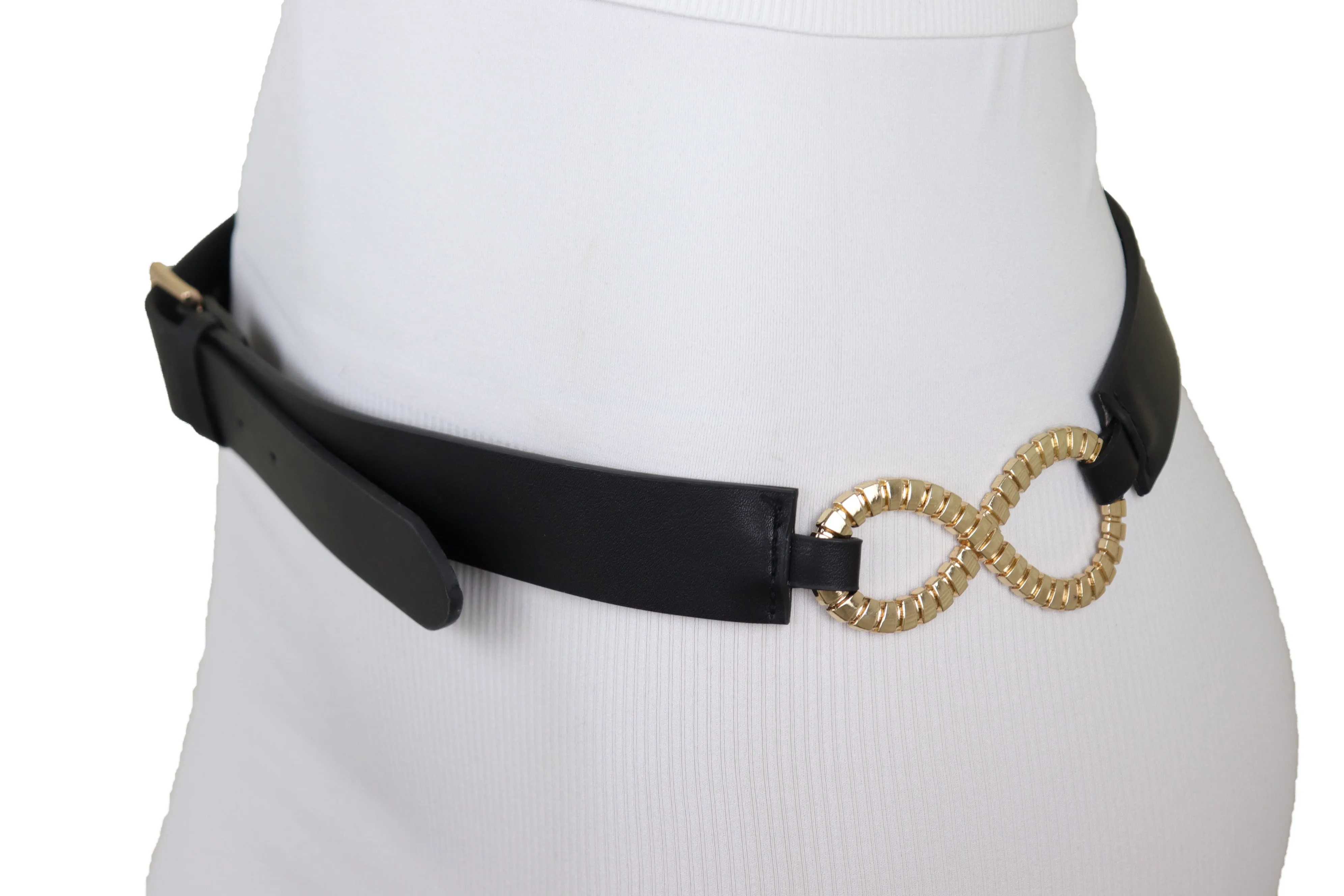 Black Faux Leather Fashion Belt Gold Metal Infinity Side Charm Buckle S M