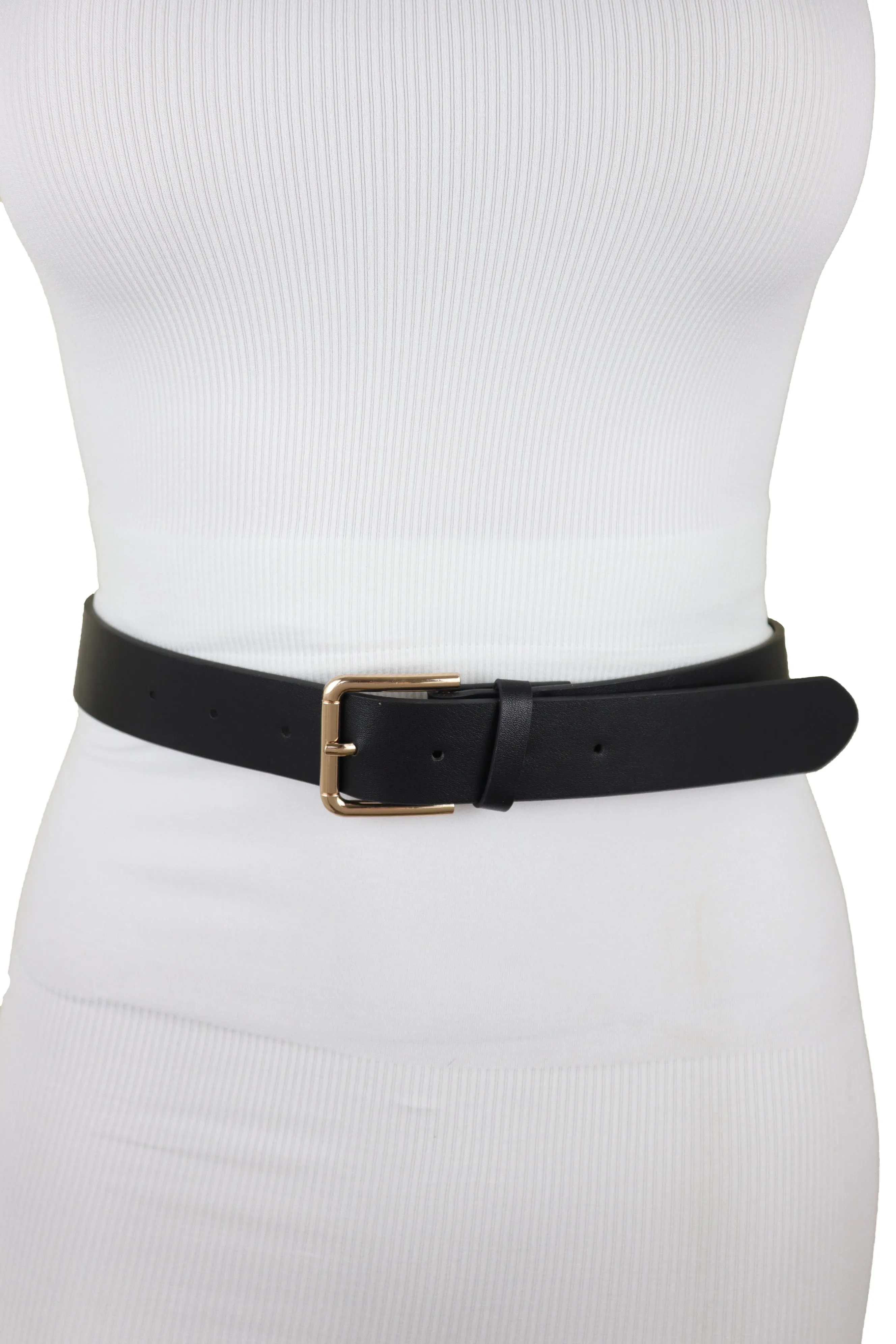 Black Faux Leather Fashion Belt Gold Metal Infinity Side Charm Buckle S M