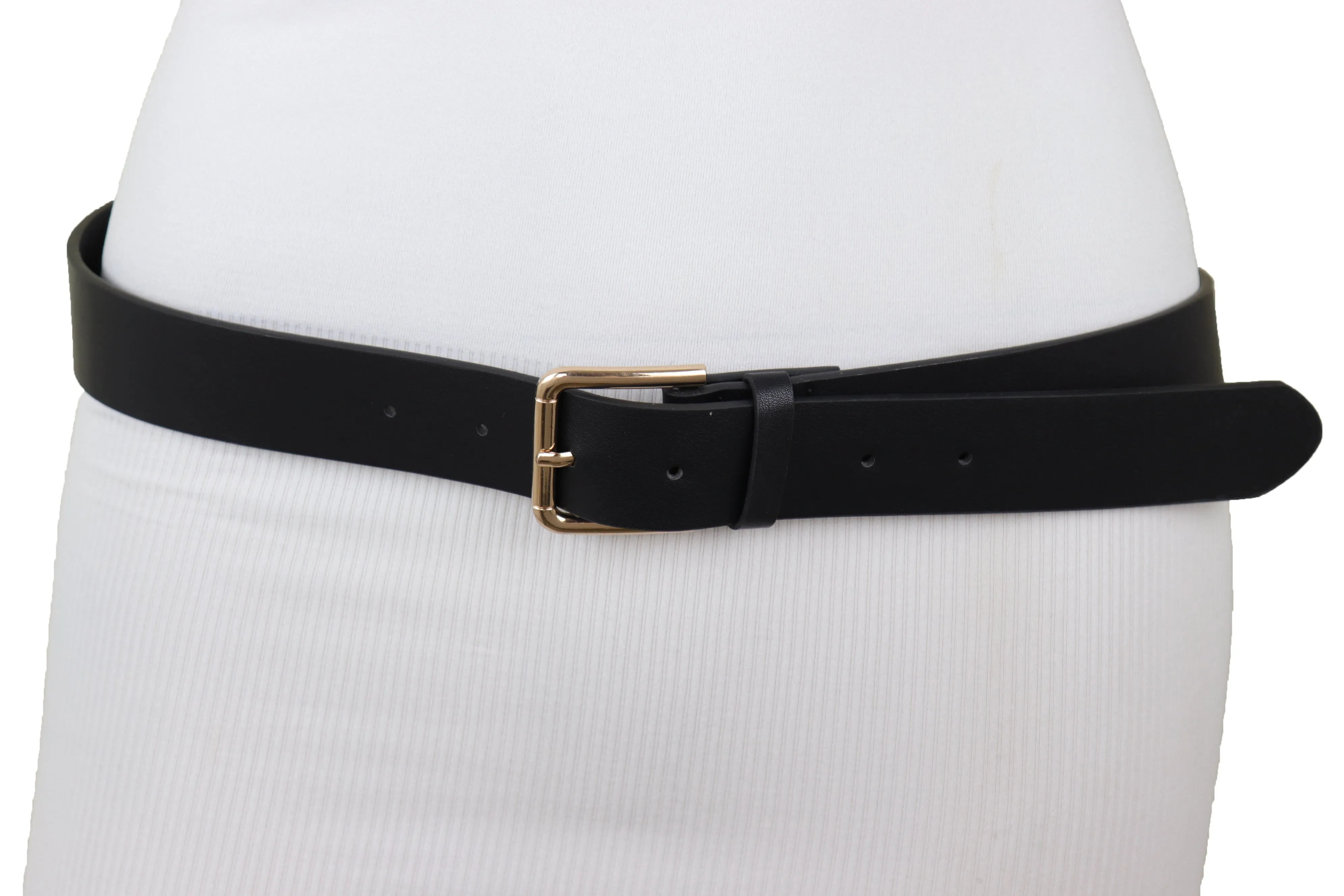 Black Faux Leather Fashion Belt Gold Metal Infinity Side Charm Buckle S M