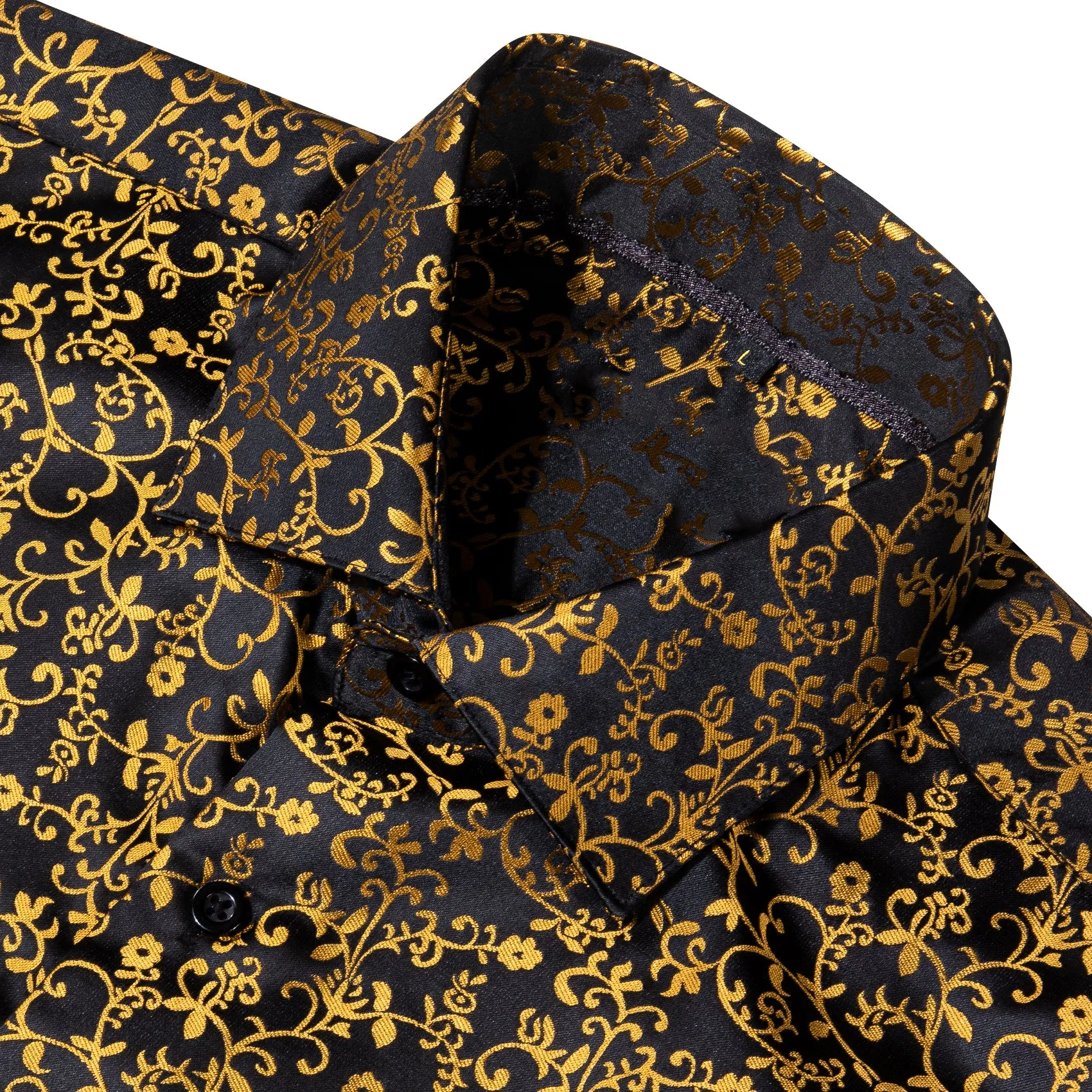 Black Golden Floral Style Silk Men's Long Sleeve Shirt