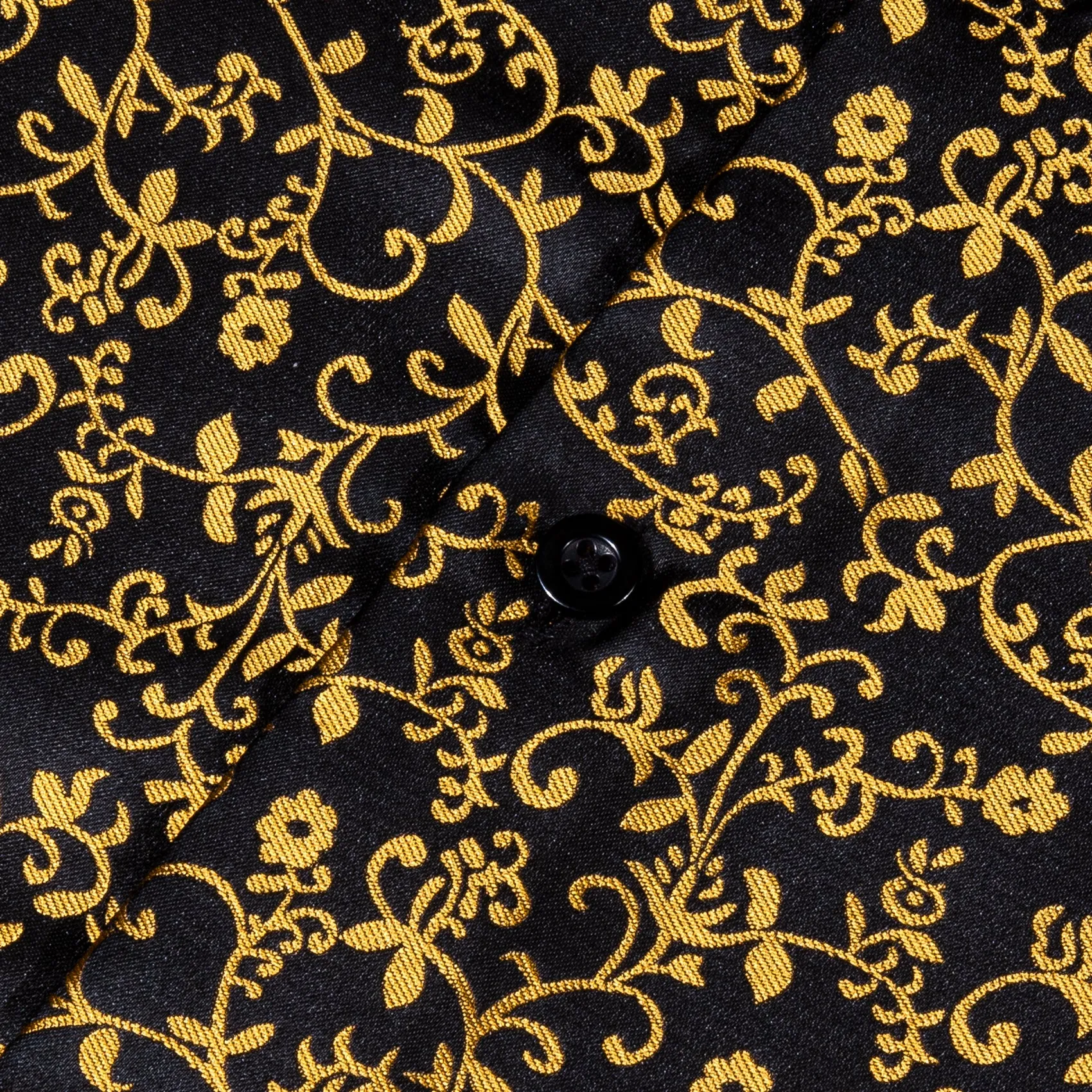 Black Golden Floral Style Silk Men's Long Sleeve Shirt