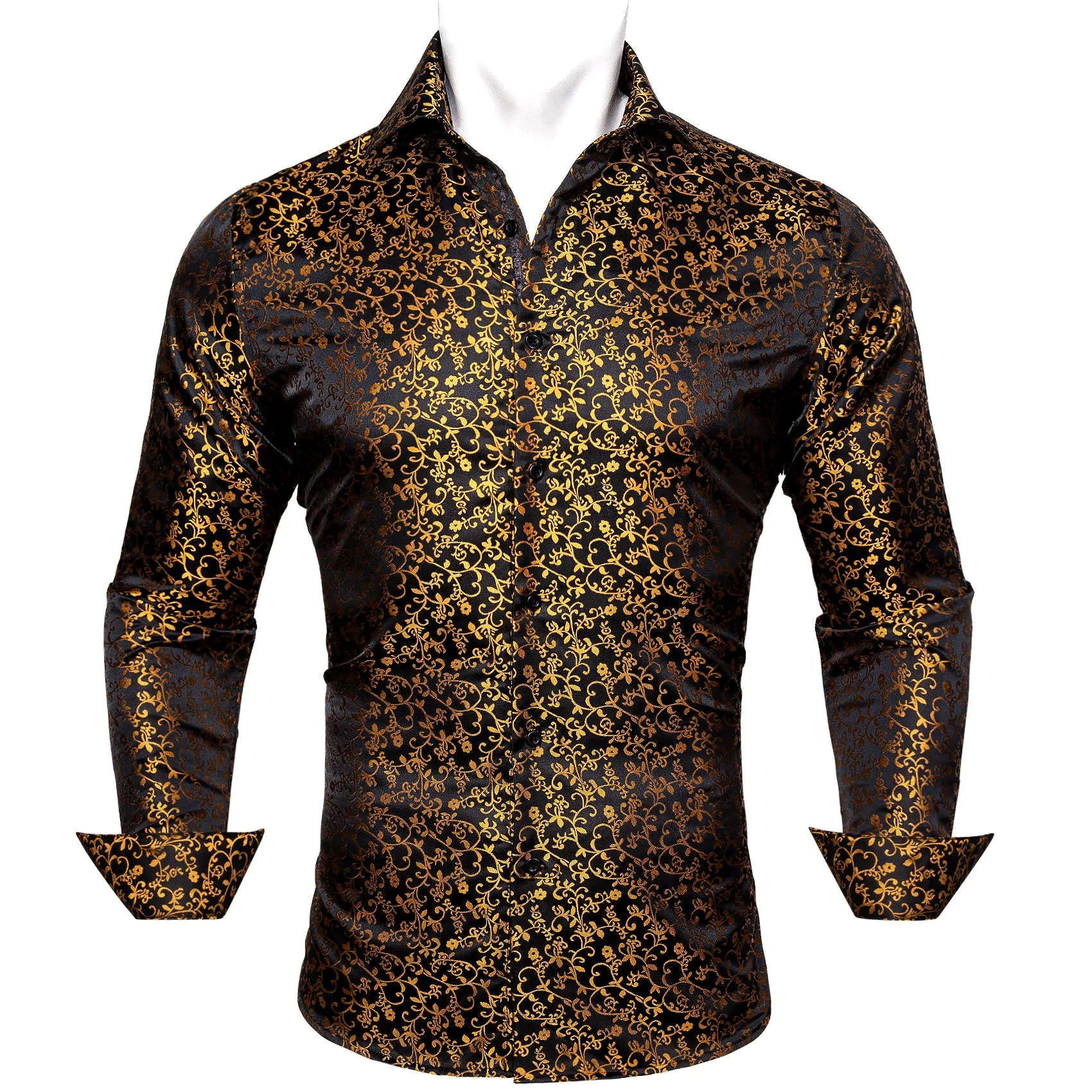 Black Golden Floral Style Silk Men's Long Sleeve Shirt