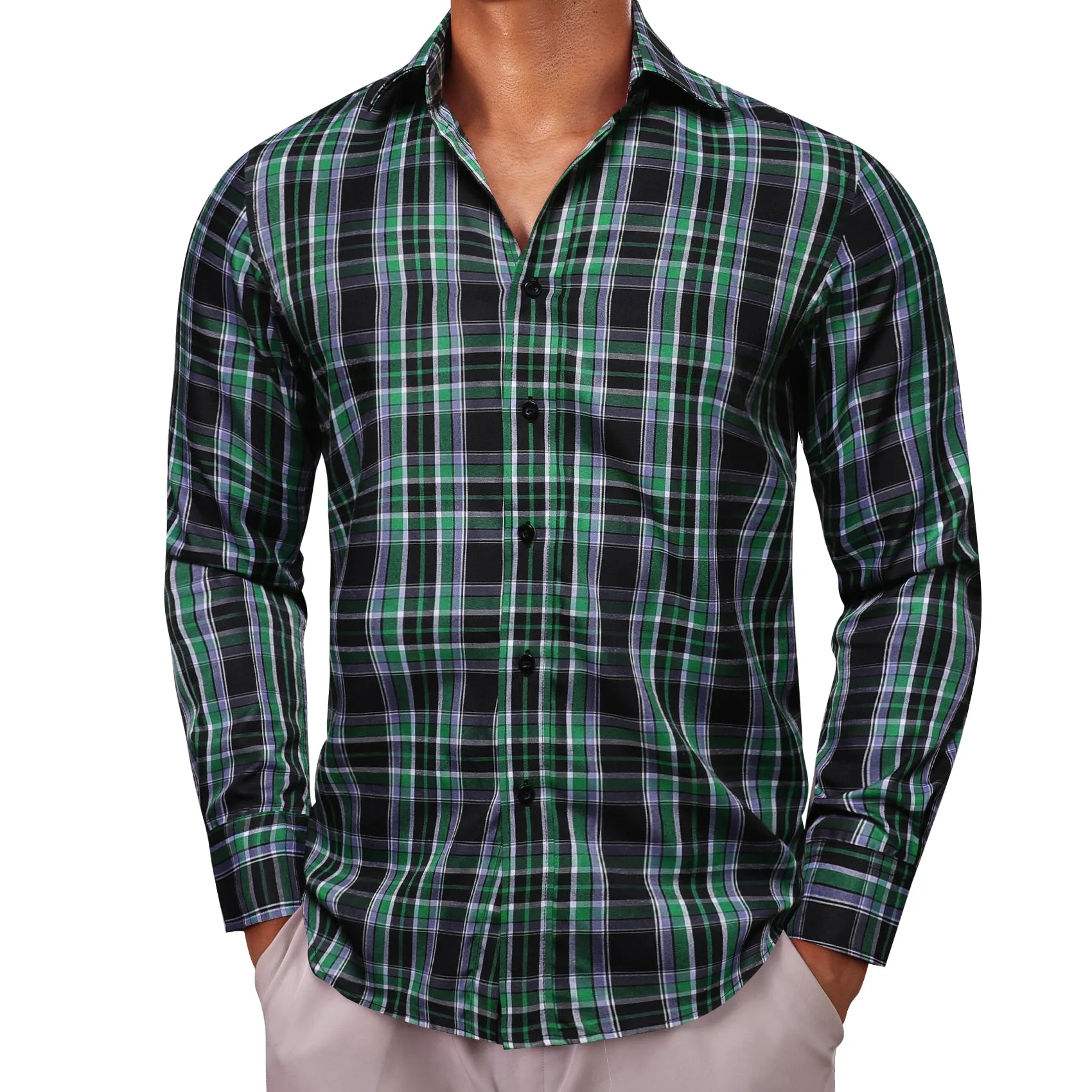 Black Green Plaid Men's Long Sleeve Work Shirt