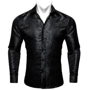 Black Paisley Pattern Silk Men's Long Sleeve Shirt