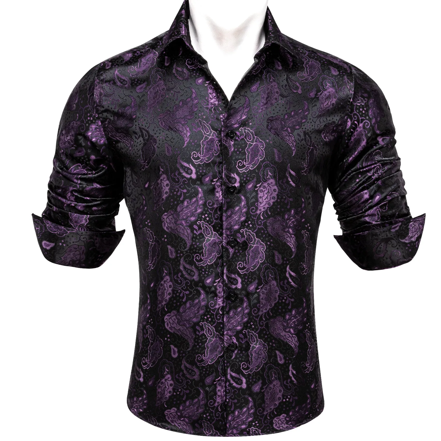 Black Purple Paisley Flower Pattern Silk Men's Long Sleeve Shirt