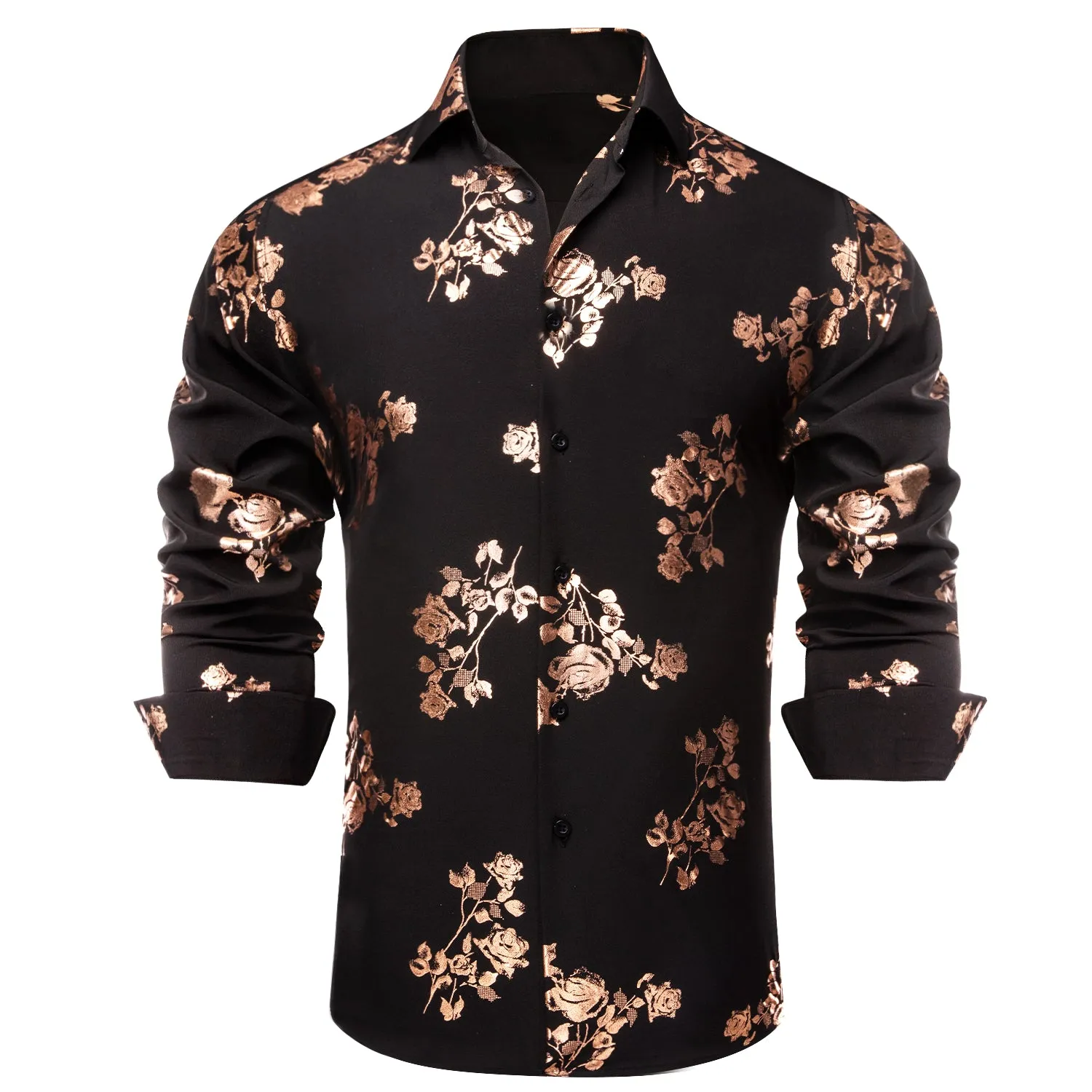 Black Rose Golden Floral Pattern Silk Men's Long Sleeve Shirt