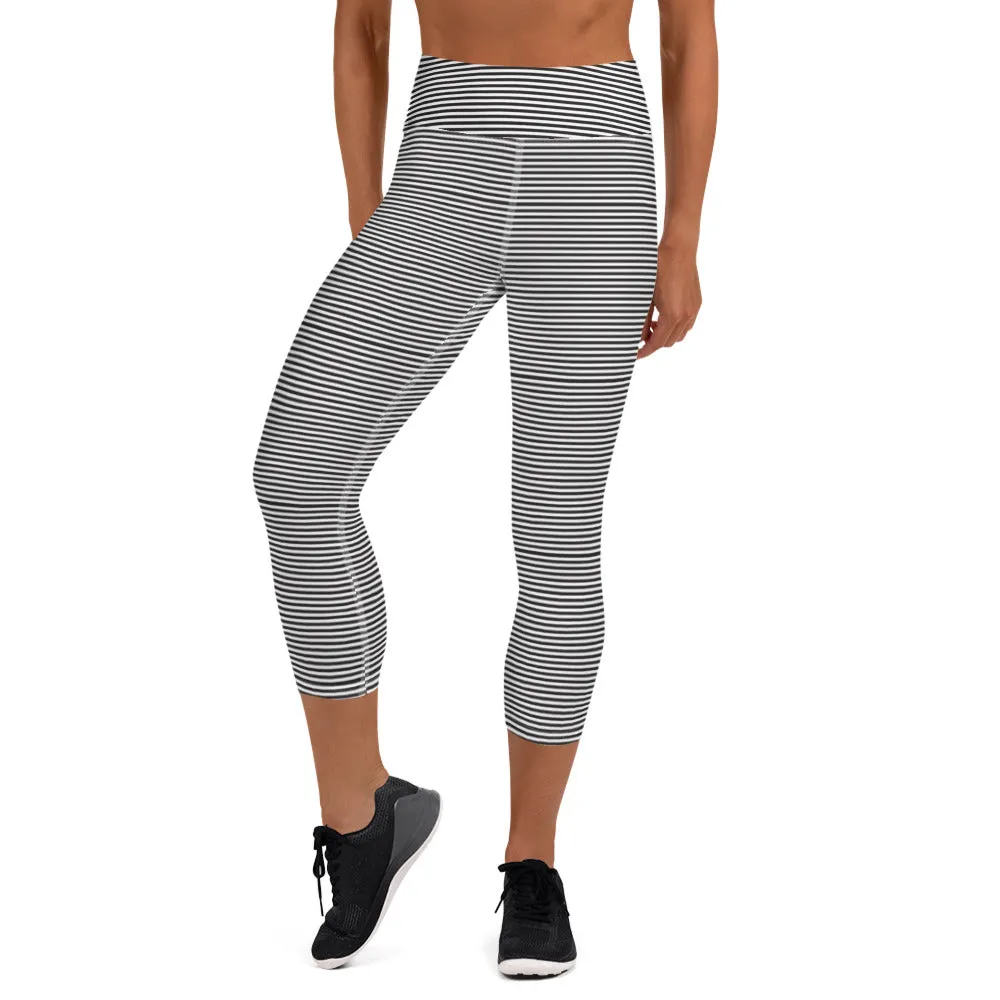 Black Striped Yoga Capri Leggings, Circus Women's Sports Athletic Tights-Made in USA/EU/MX