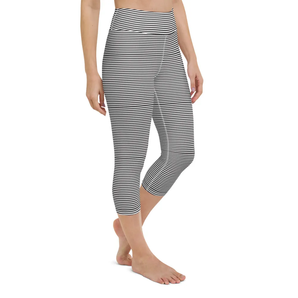 Black Striped Yoga Capri Leggings, Circus Women's Sports Athletic Tights-Made in USA/EU/MX