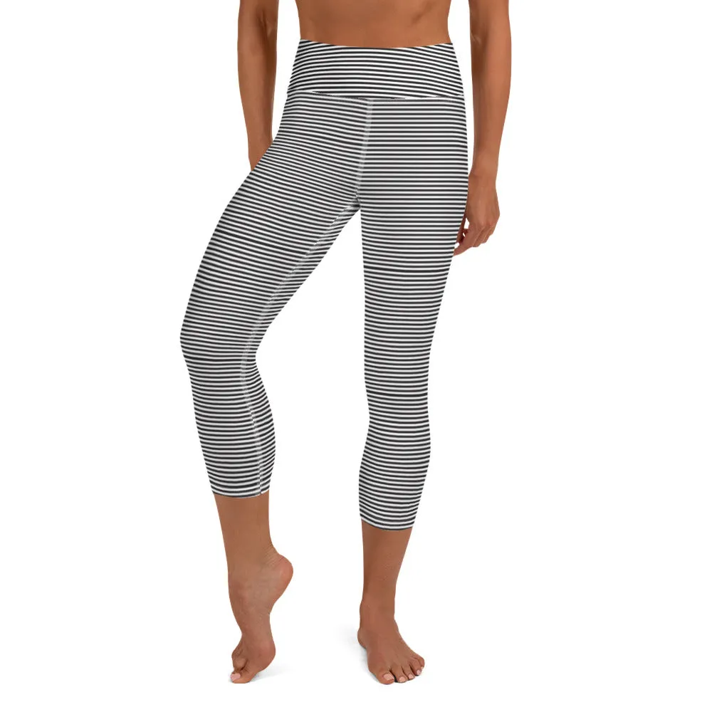 Black Striped Yoga Capri Leggings, Circus Women's Sports Athletic Tights-Made in USA/EU/MX