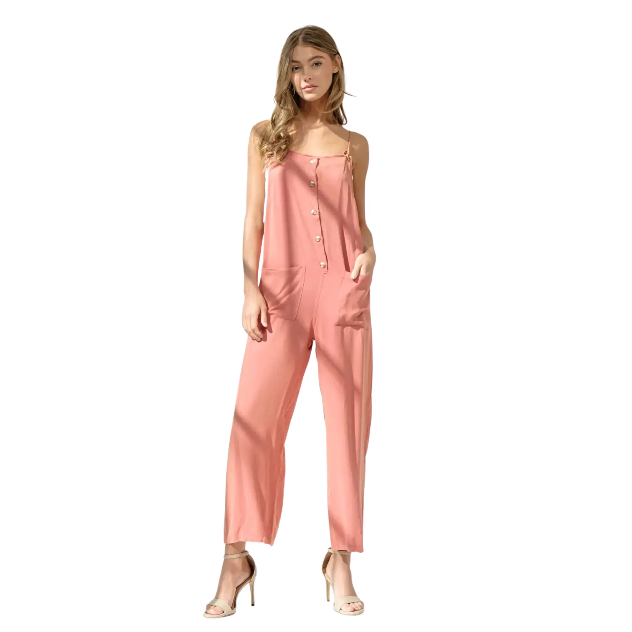 BLUE B WOMEN'S WOVEN TIE STRAP BUTTON UP JUMPSUIT - 32648R