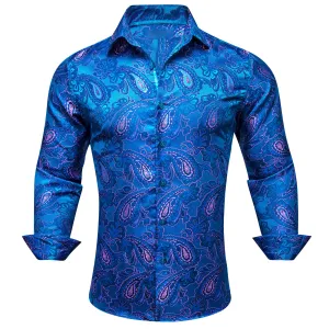 Blue Pink Paisley Flower Pattern Silk Men's Long Sleeve Shirt