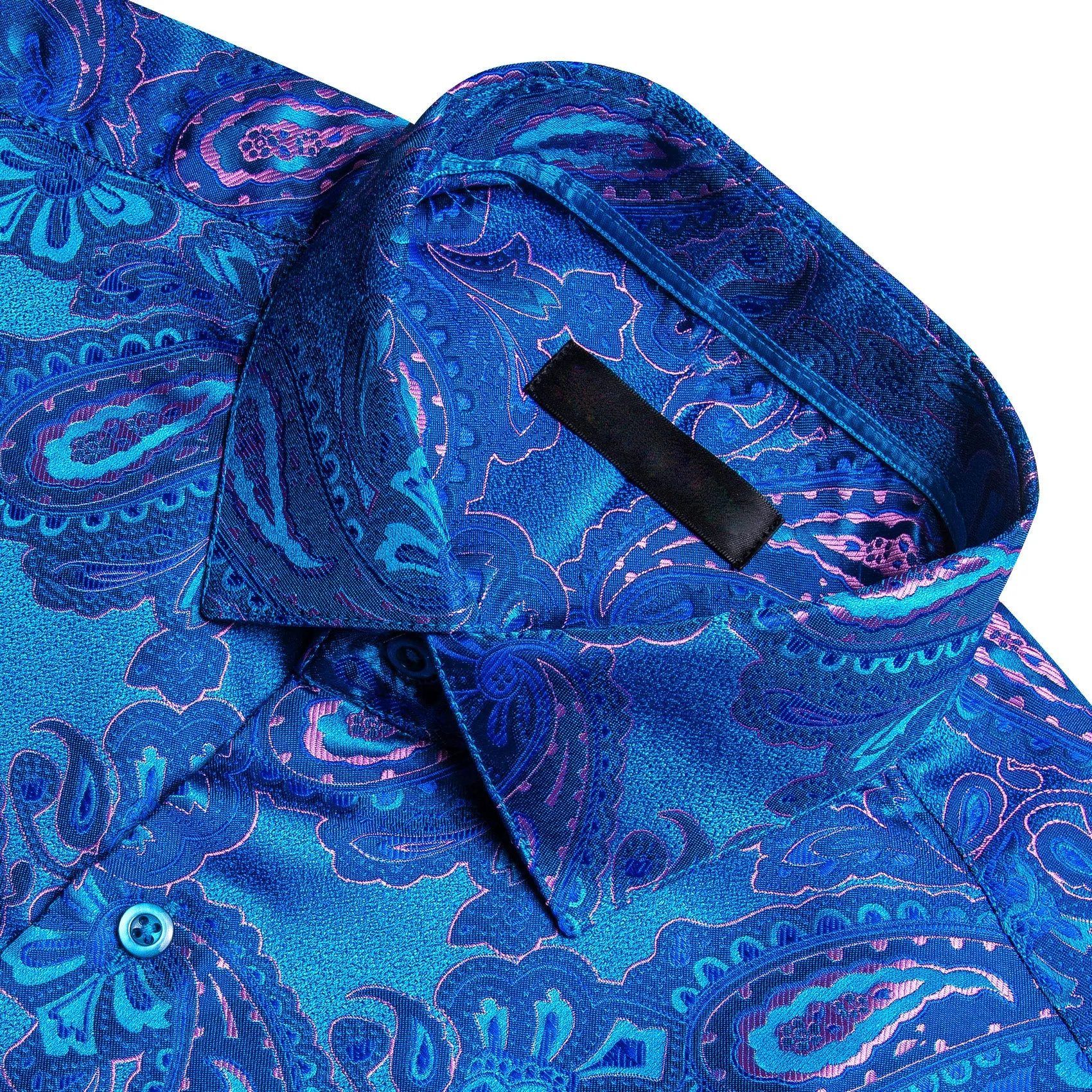 Blue Pink Paisley Flower Pattern Silk Men's Long Sleeve Shirt