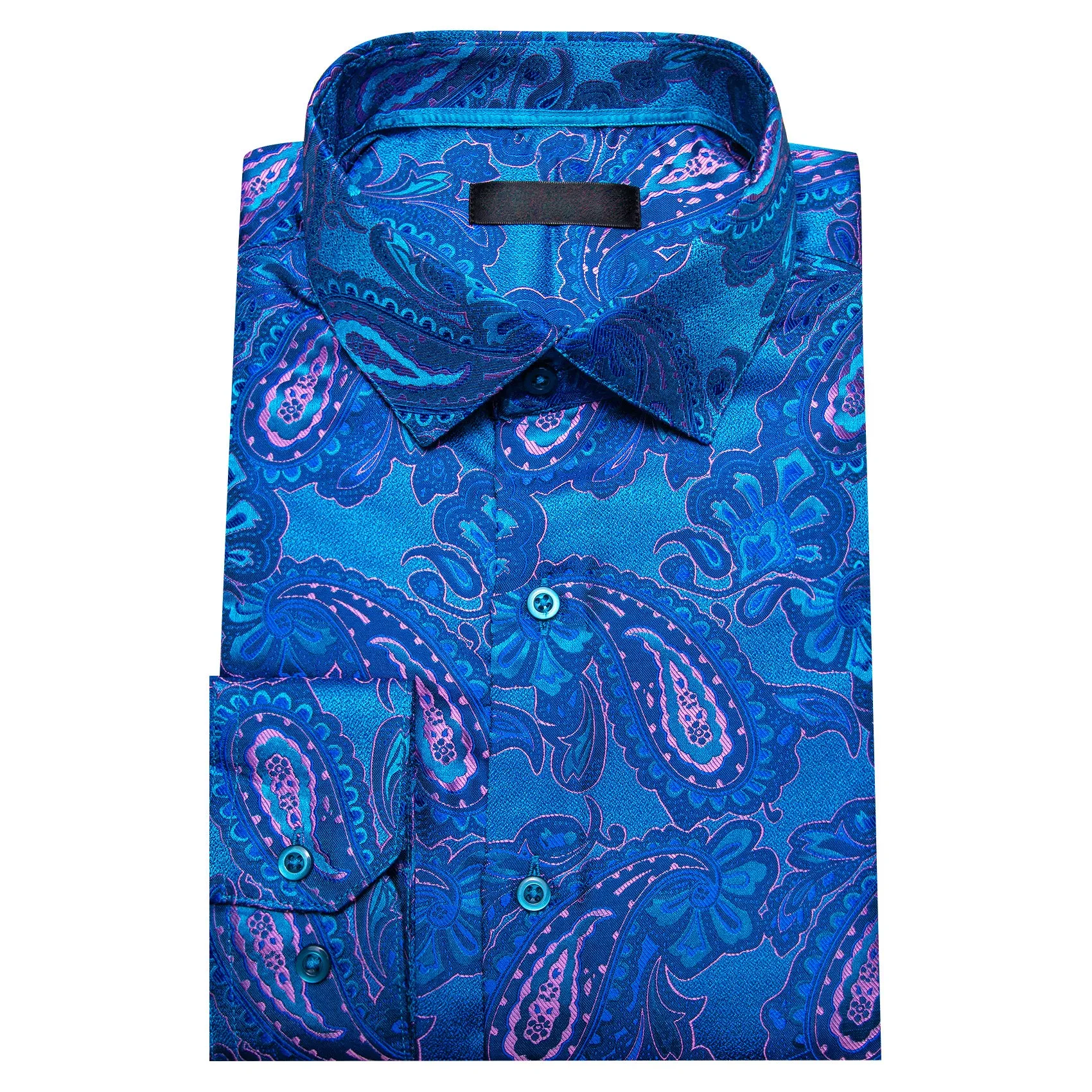 Blue Pink Paisley Flower Pattern Silk Men's Long Sleeve Shirt