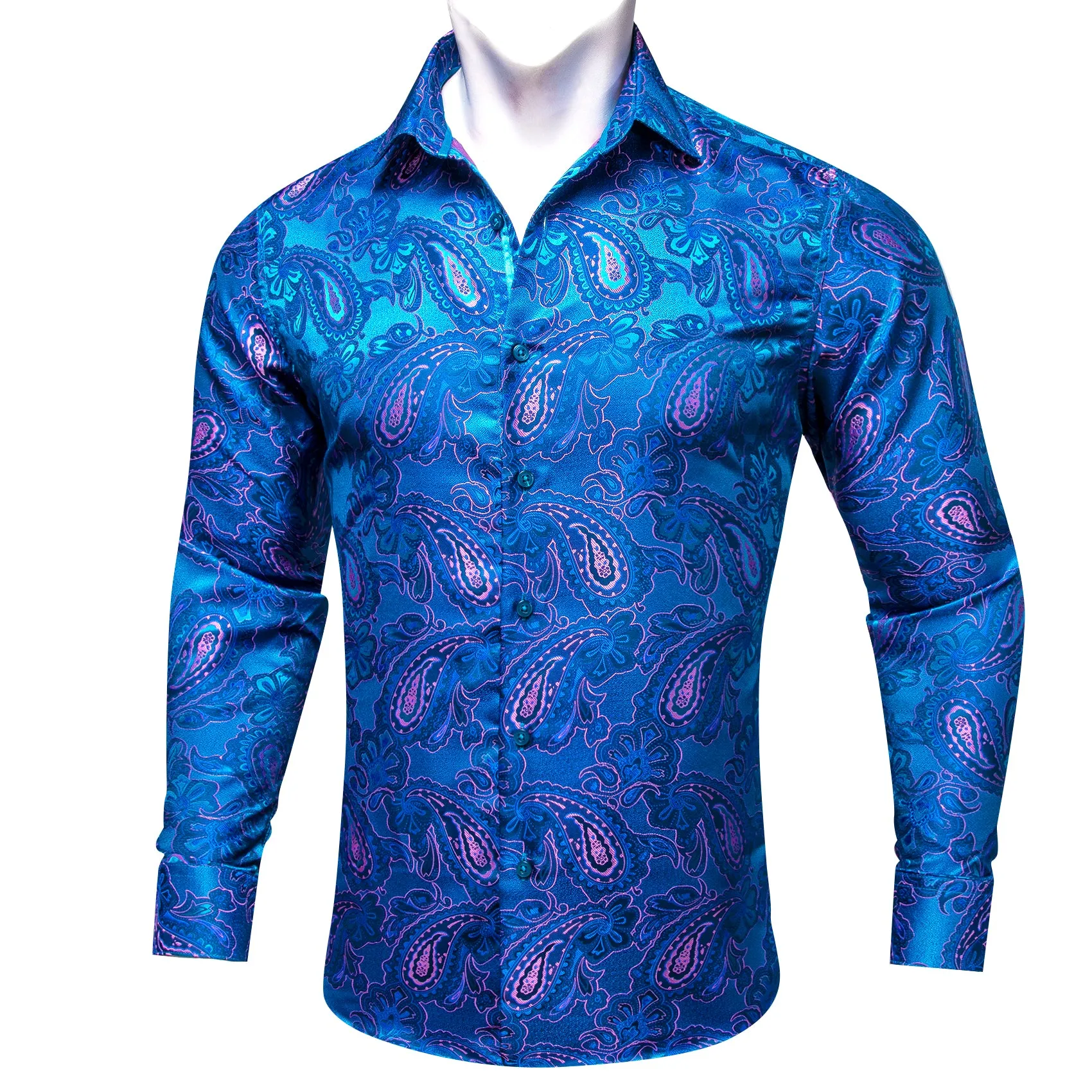 Blue Pink Paisley Flower Pattern Silk Men's Long Sleeve Shirt