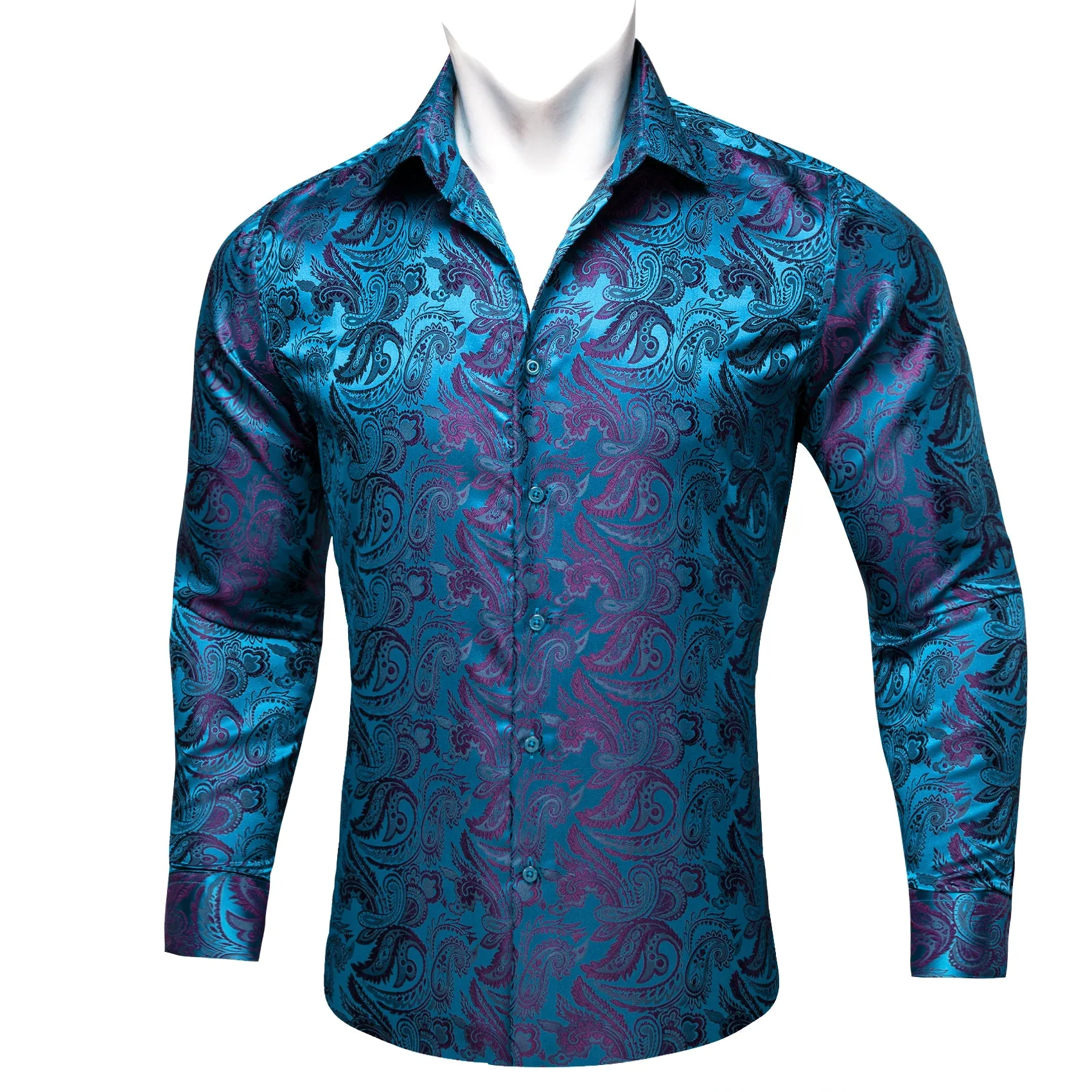 Blue Purple Paisley Flower Pattern Silk Men's Long Sleeve Shirt