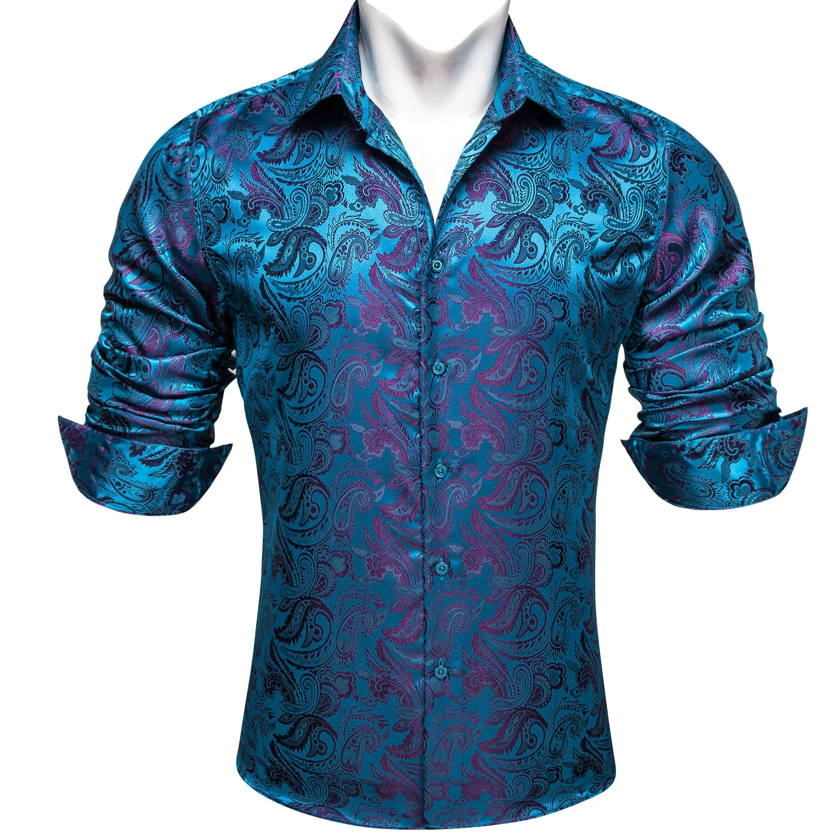 Blue Purple Paisley Flower Pattern Silk Men's Long Sleeve Shirt