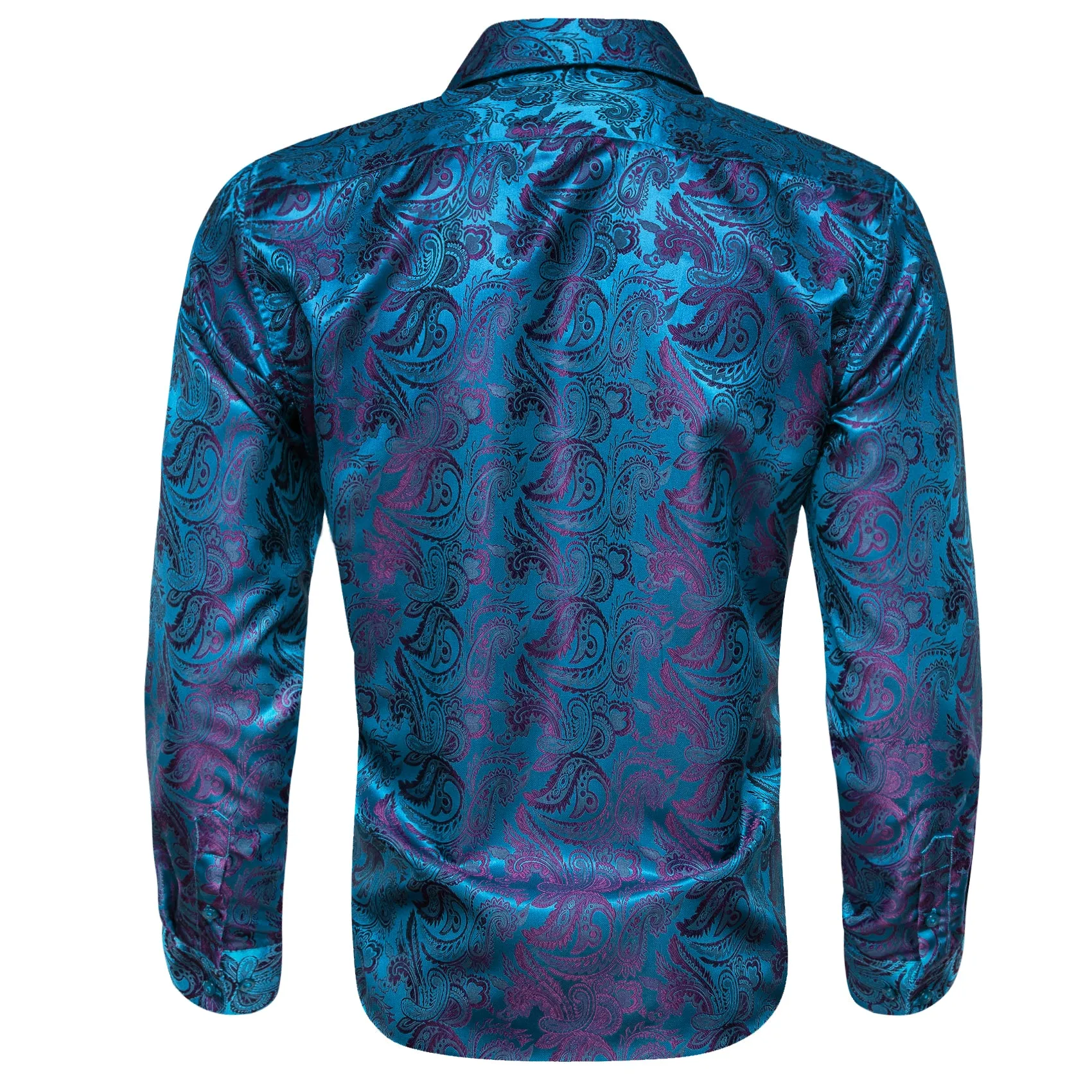 Blue Purple Paisley Flower Pattern Silk Men's Long Sleeve Shirt