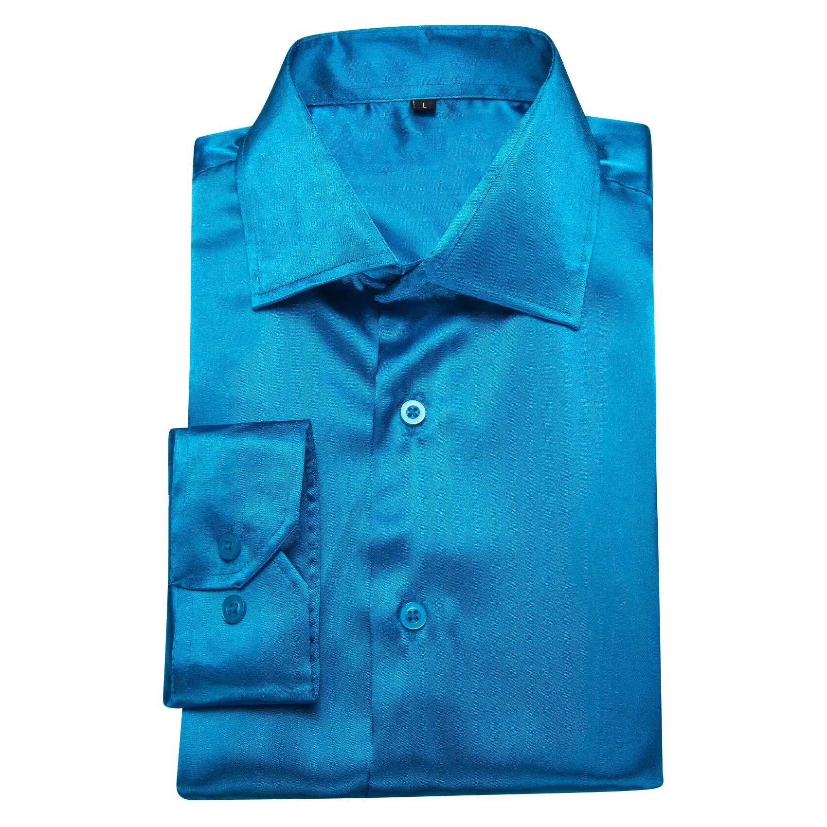 Blue Solid Silk Men's Long Sleeve Shirt