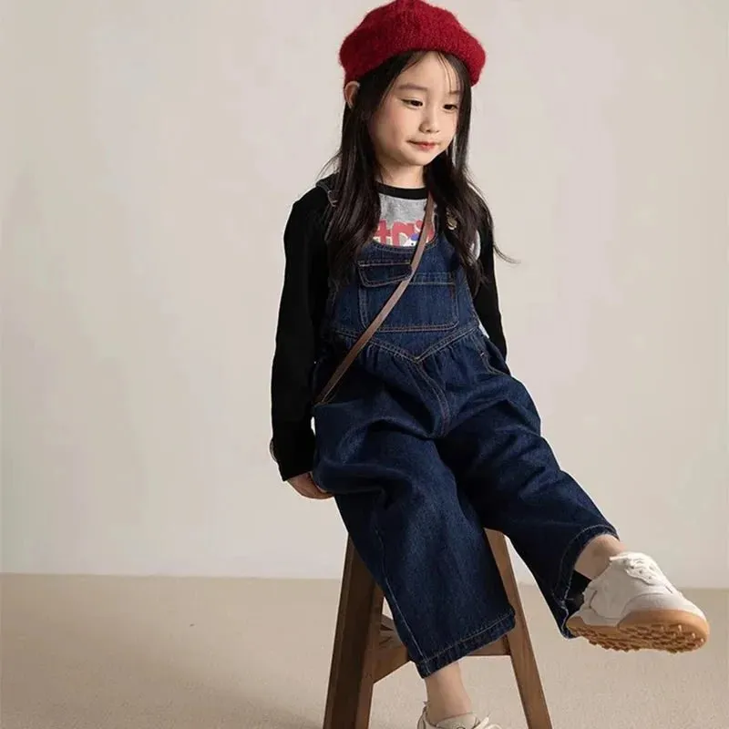 Blue Wide Leg Denim Overalls for Girls