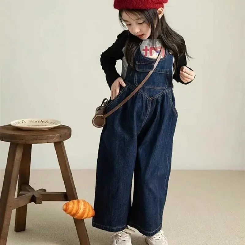 Blue Wide Leg Denim Overalls for Girls