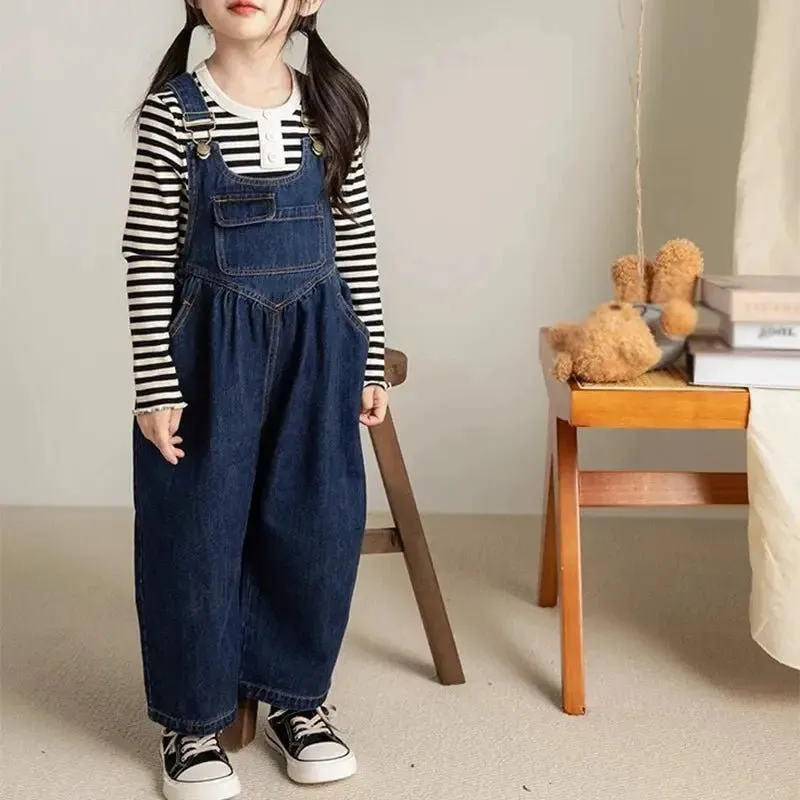 Blue Wide Leg Denim Overalls for Girls