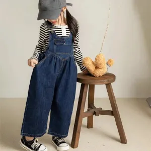 Blue Wide Leg Denim Overalls for Girls