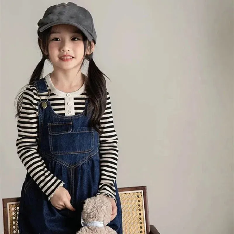 Blue Wide Leg Denim Overalls for Girls