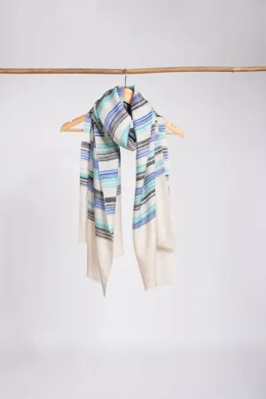 Boho Chic Handloomed Blue White Cashmere Pashmina Scarf - CORFE