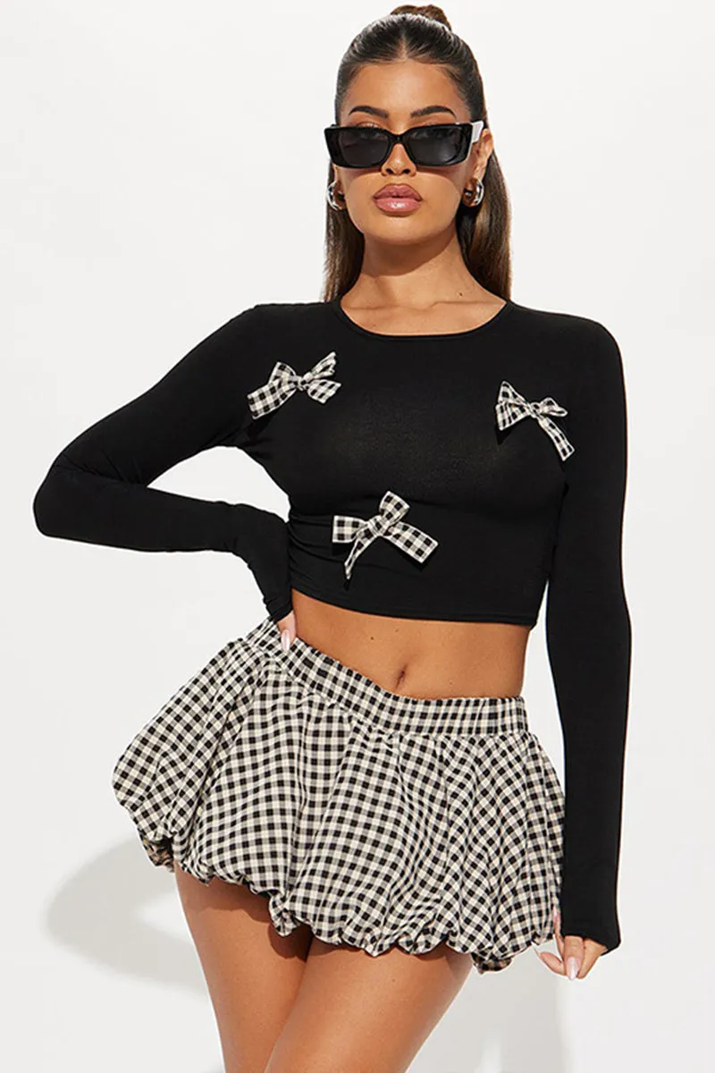 Bow Embellished Plaid Bubble Mini Skirt Set