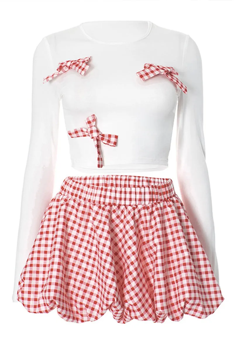 Bow Embellished Plaid Bubble Mini Skirt Set